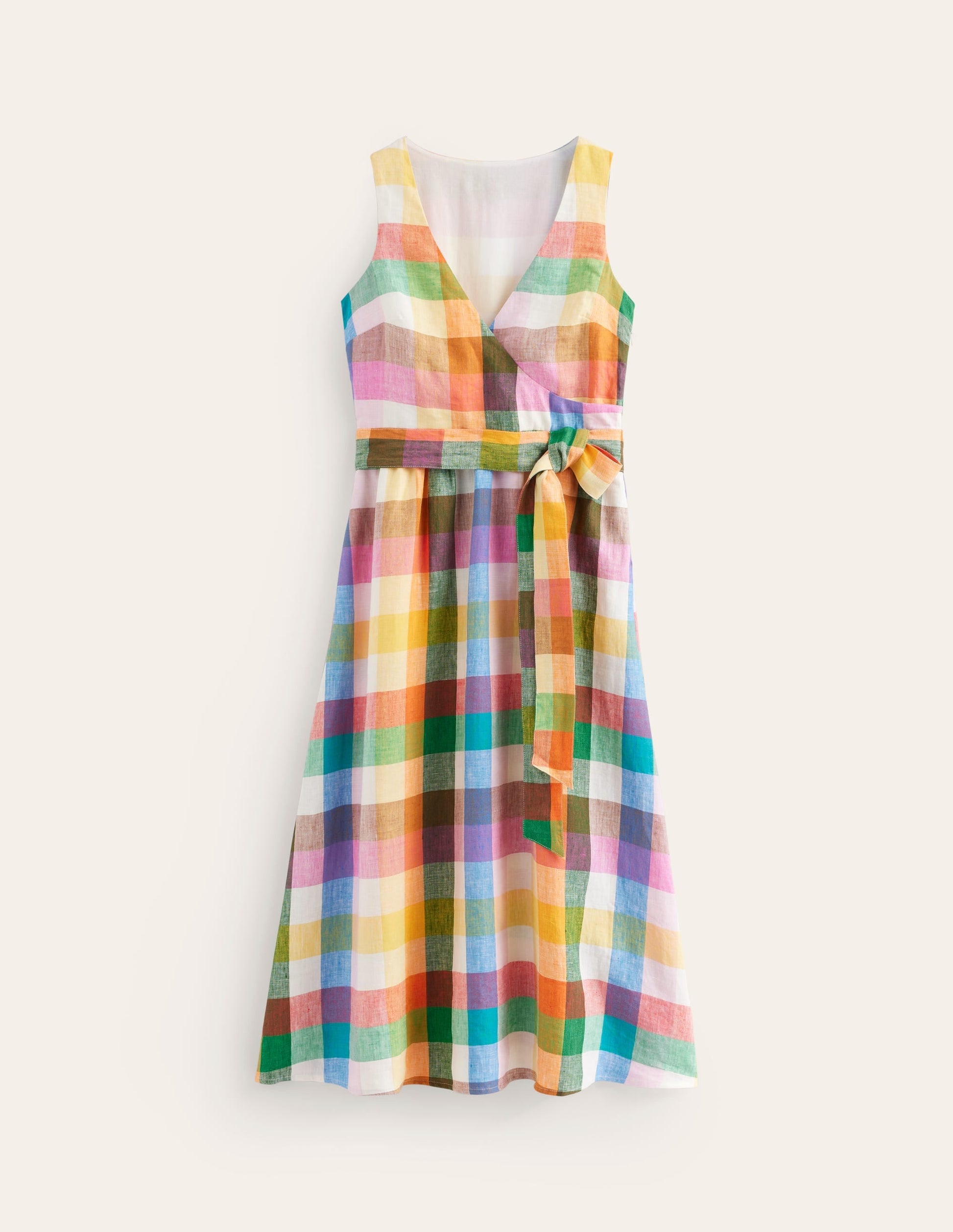 Linen Wrap Midi Dress-Bright Neon Multigingham-7