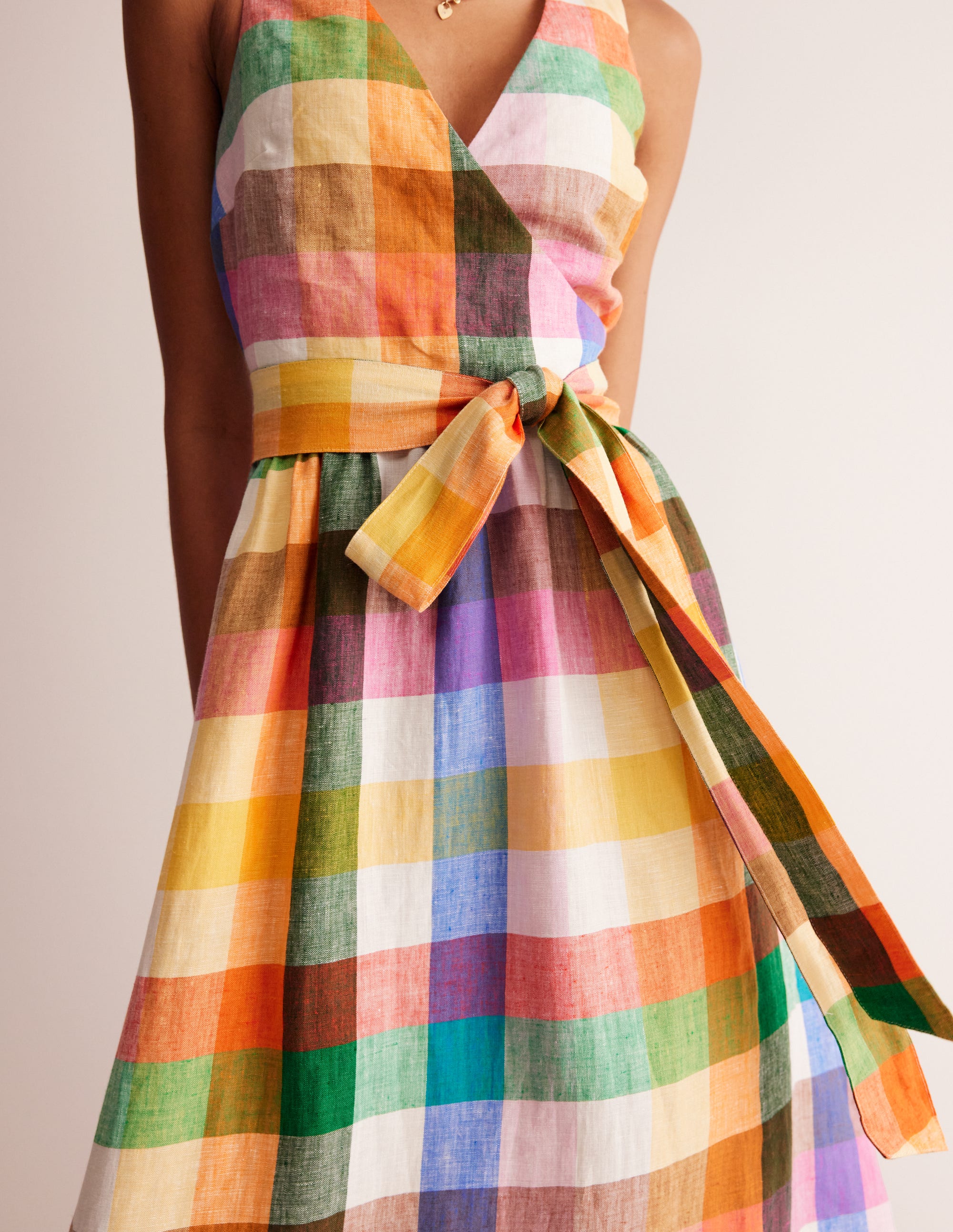 Linen Wrap Midi Dress-Bright Neon Multigingham - Image 2