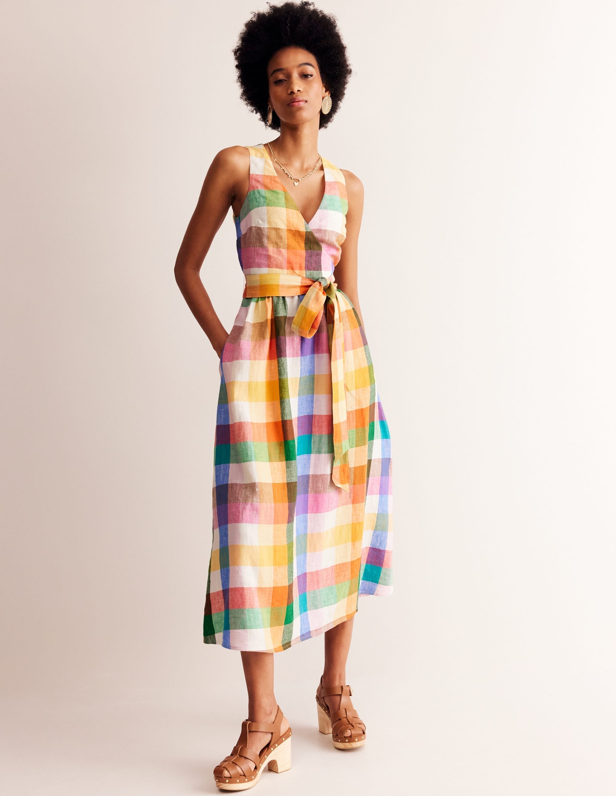 Linen Wrap Midi Dress-Bright Neon Multigingham - Image 4