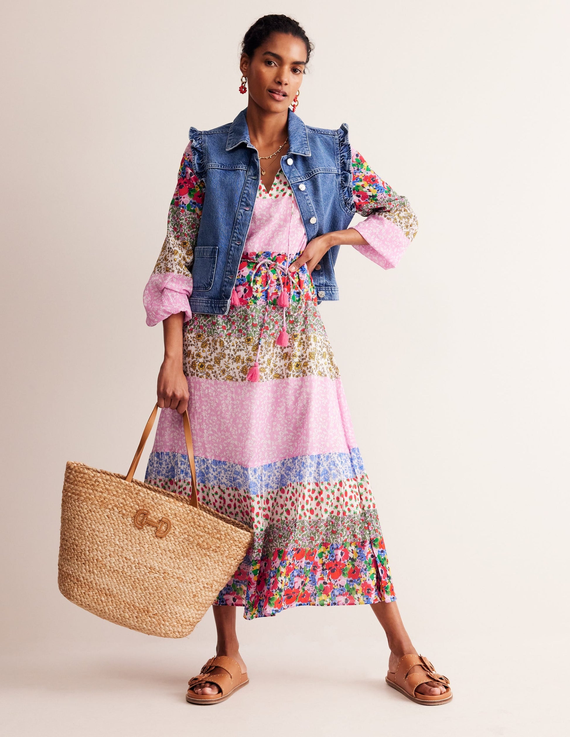 Hotched Blouson Maxi Dress-Multi, Patchwork Bloom-1