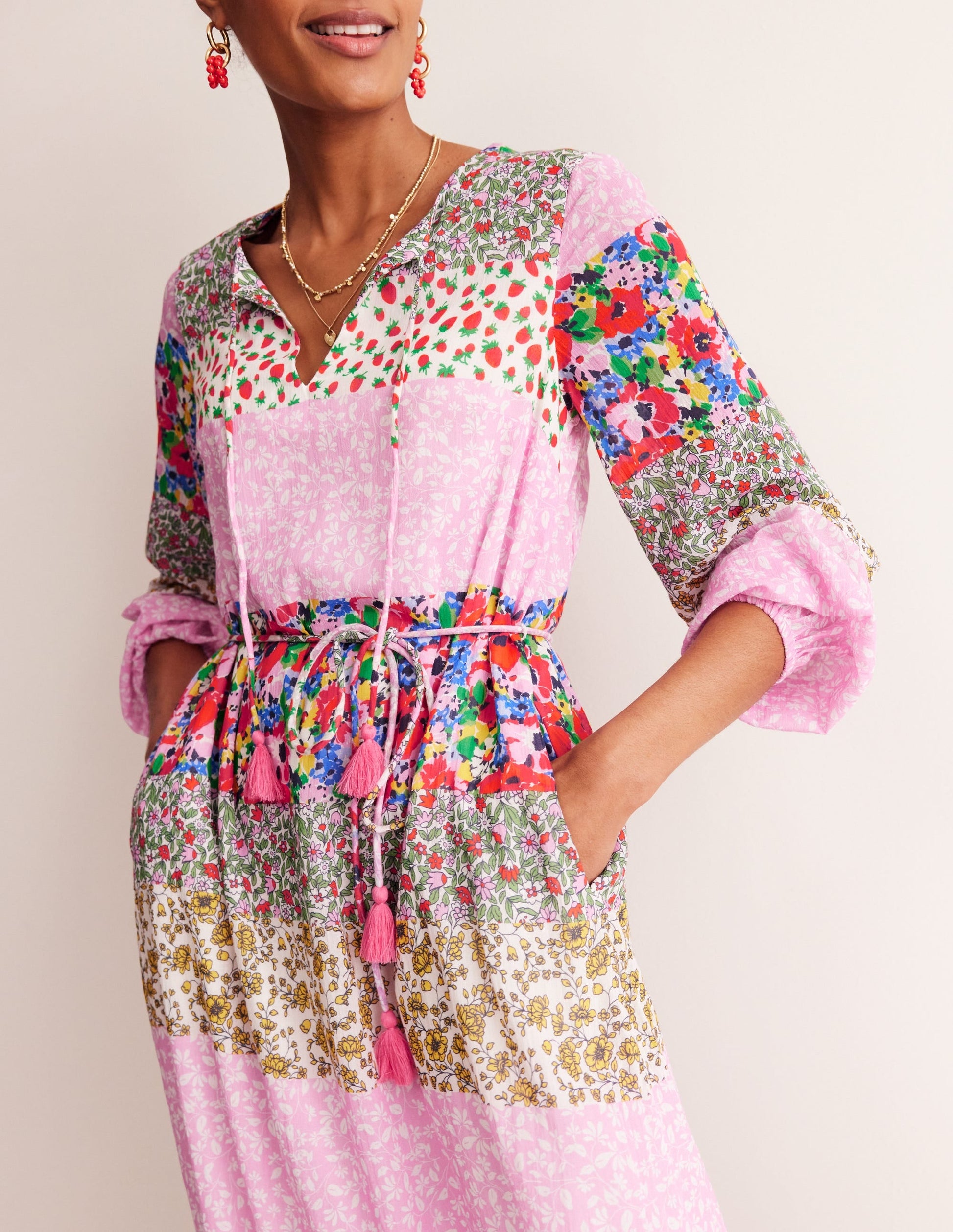 Hotched Blouson Maxi Dress-Multi, Patchwork Bloom-2
