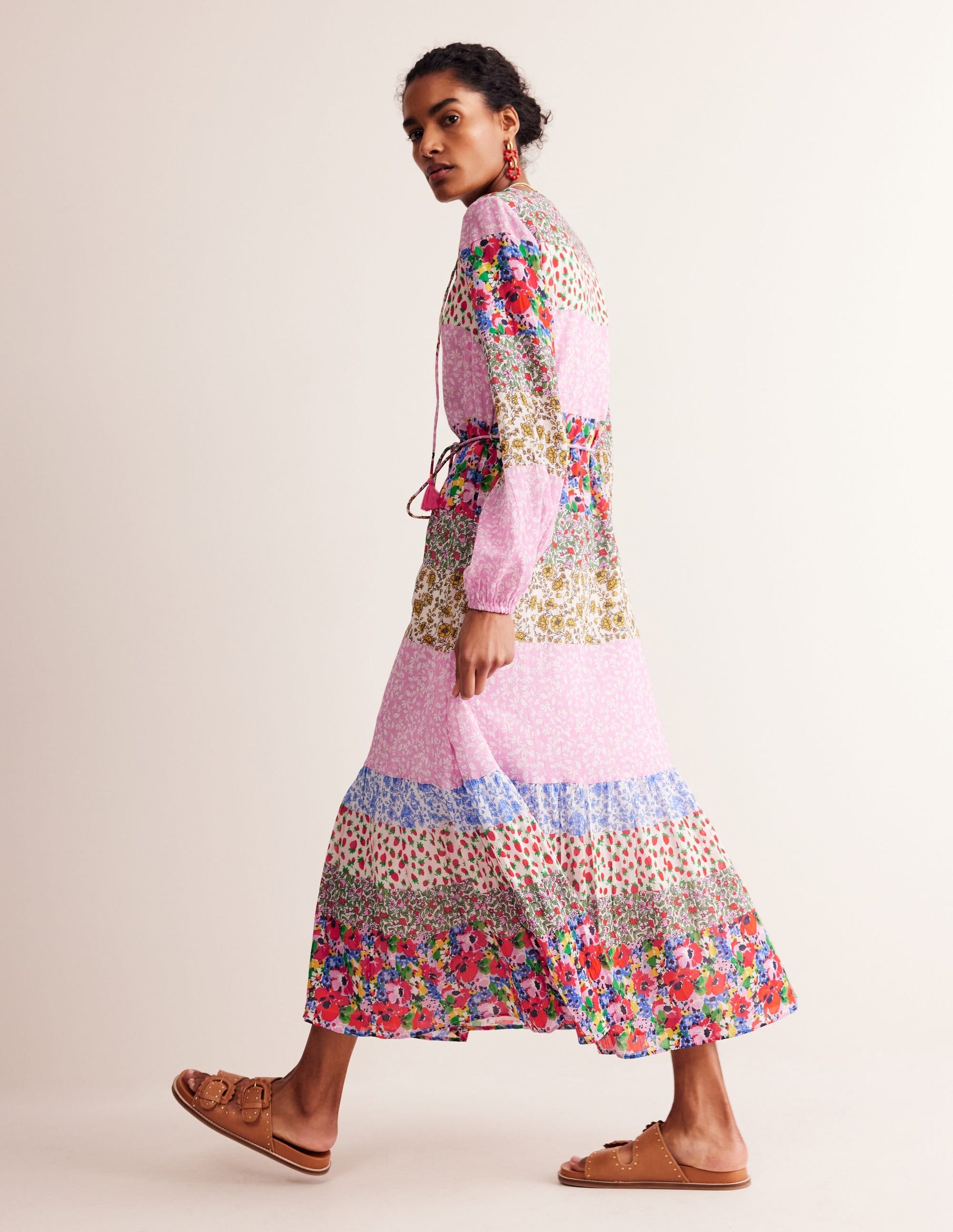 Hotched Blouson Maxi Dress-Multi, Patchwork Bloom-3