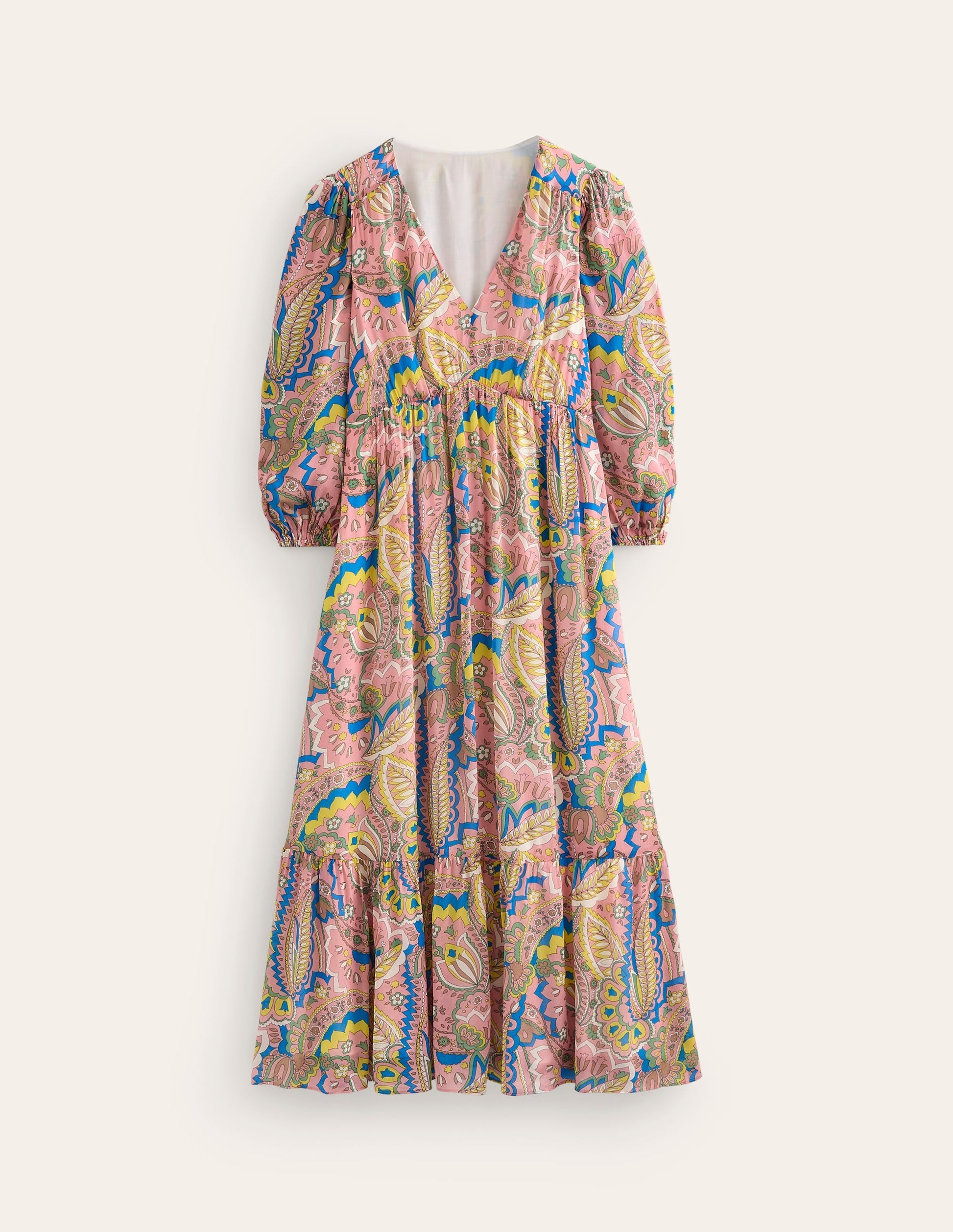 V Neck Puff Maxi Dress-Multi, Foliage Paisley-6
