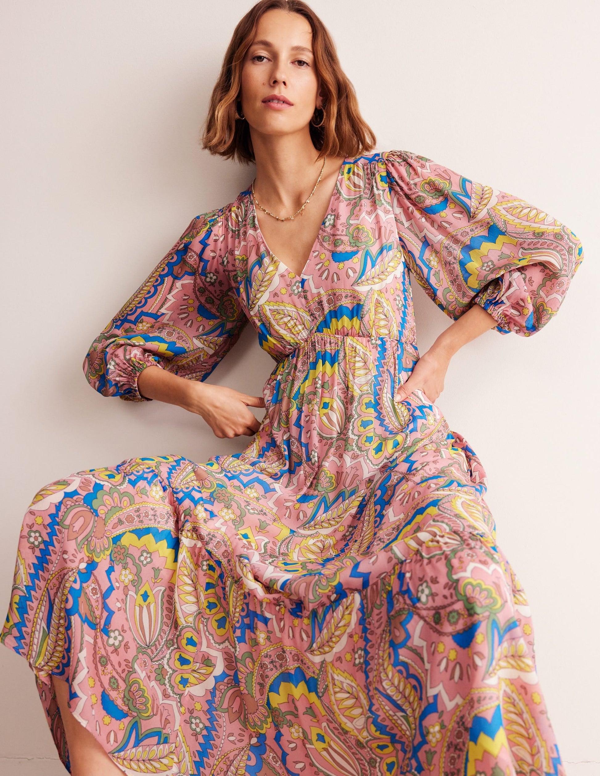 V Neck Puff Maxi Dress-Multi, Foliage Paisley-1