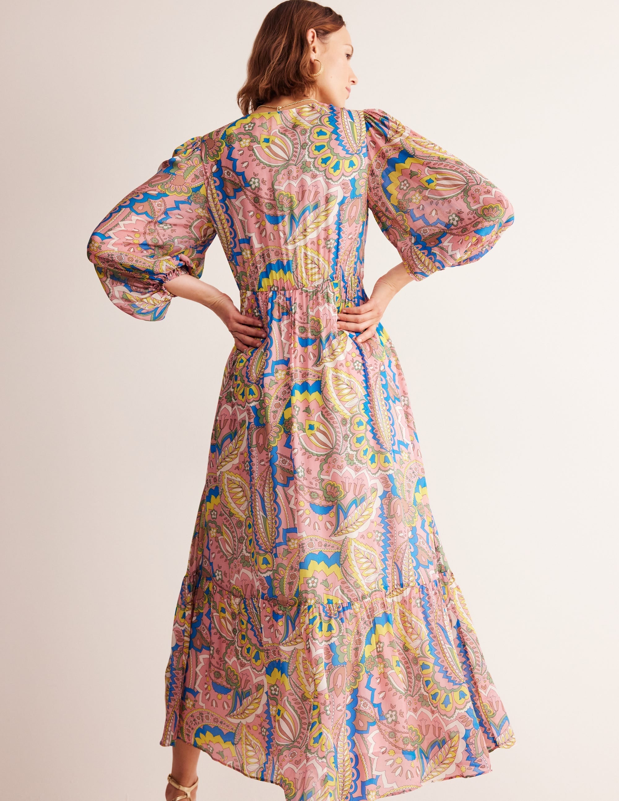 V Neck Puff Maxi Dress-Multi, Foliage Paisley - Image 3