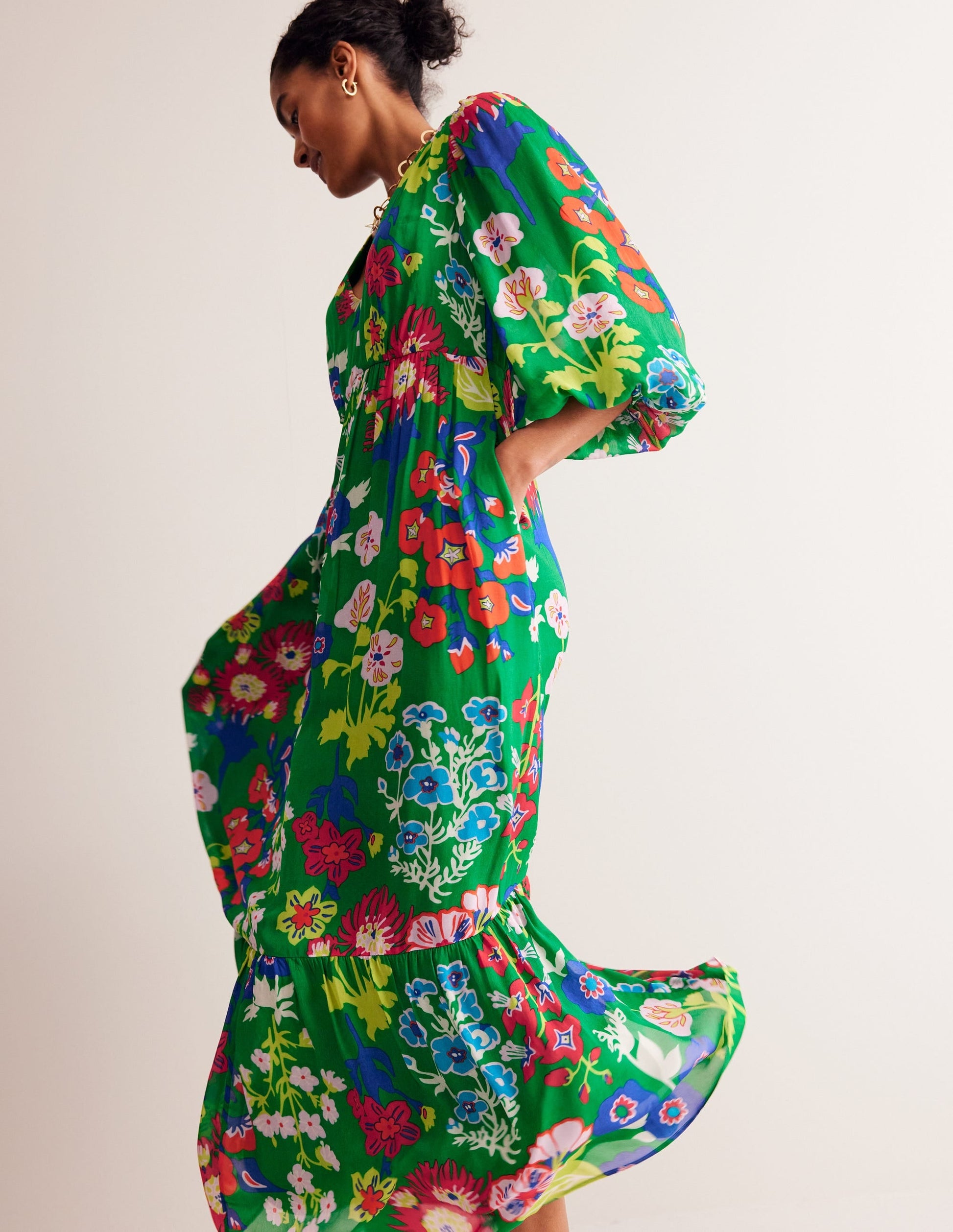 V Neck Puff Maxi Dress-Green Tambourine, Wild Flower-1