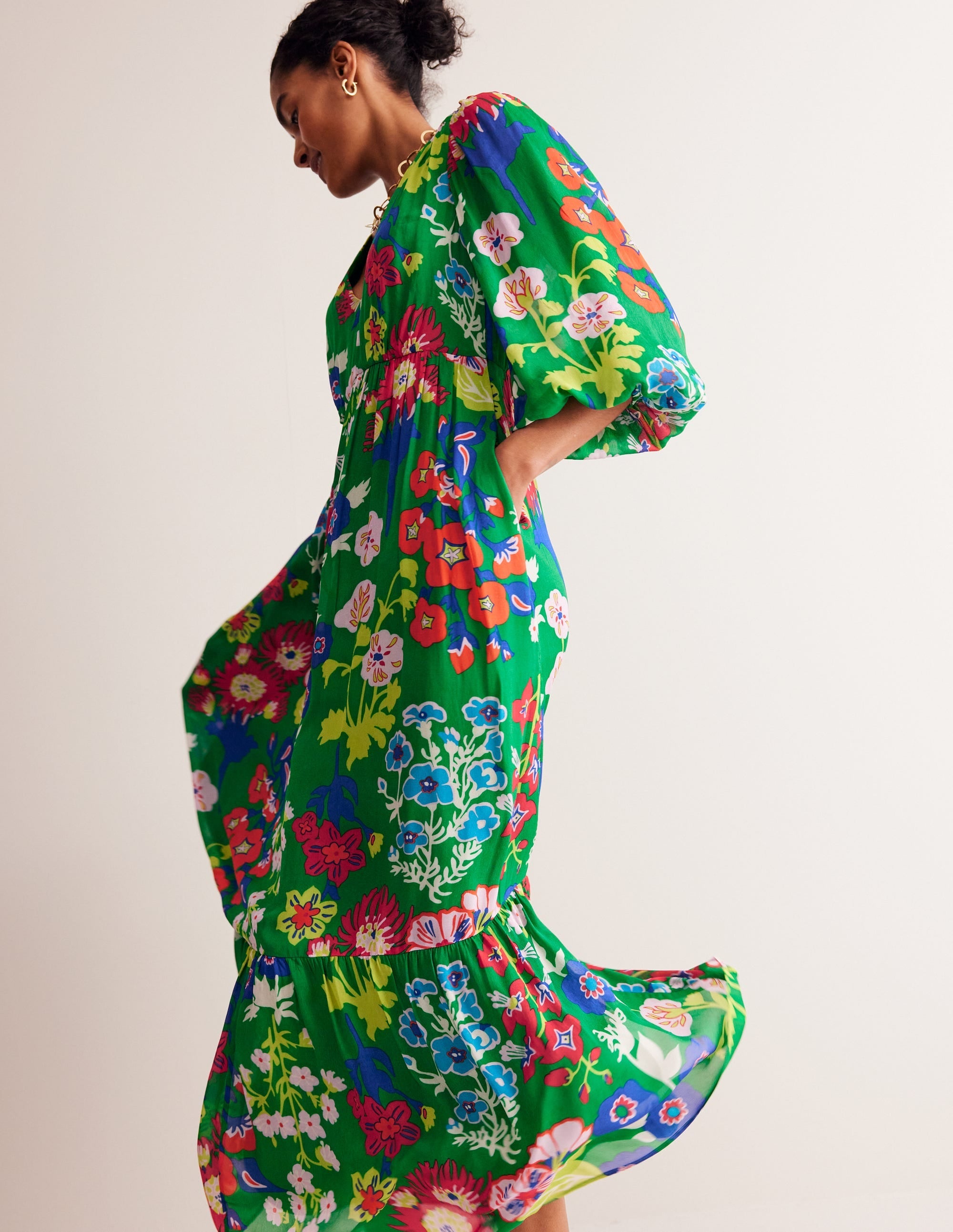 V Neck Puff Maxi Dress-Green Tambourine, Wild Flower - Image 1