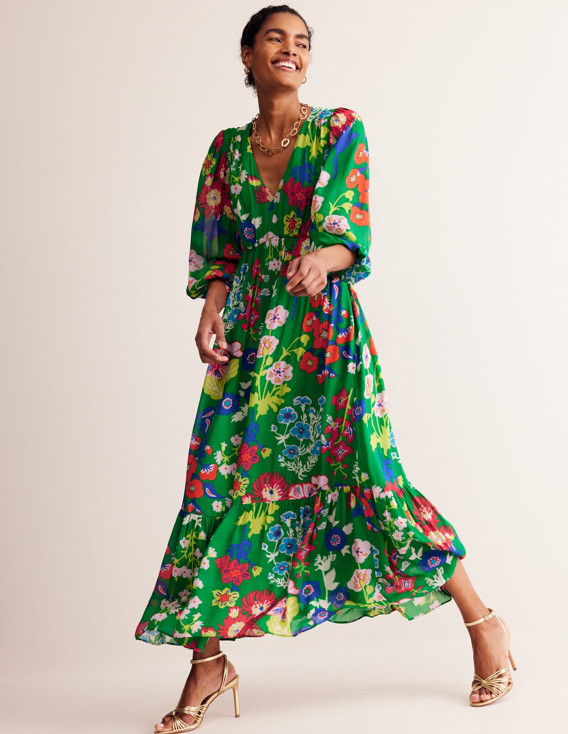V Neck Puff Maxi Dress-Green Tambourine, Wild Flower-2