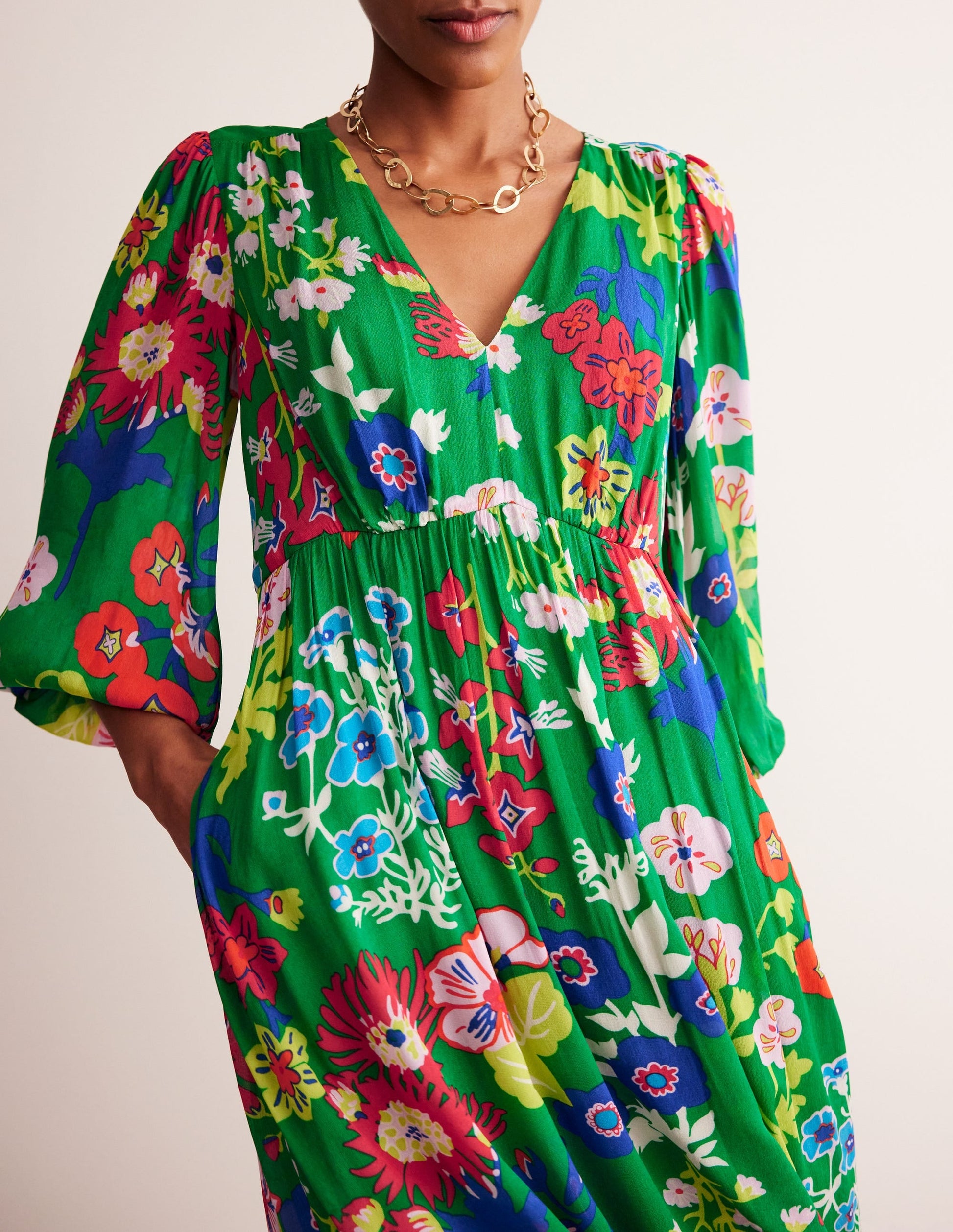 V Neck Puff Maxi Dress-Green Tambourine, Wild Flower-3