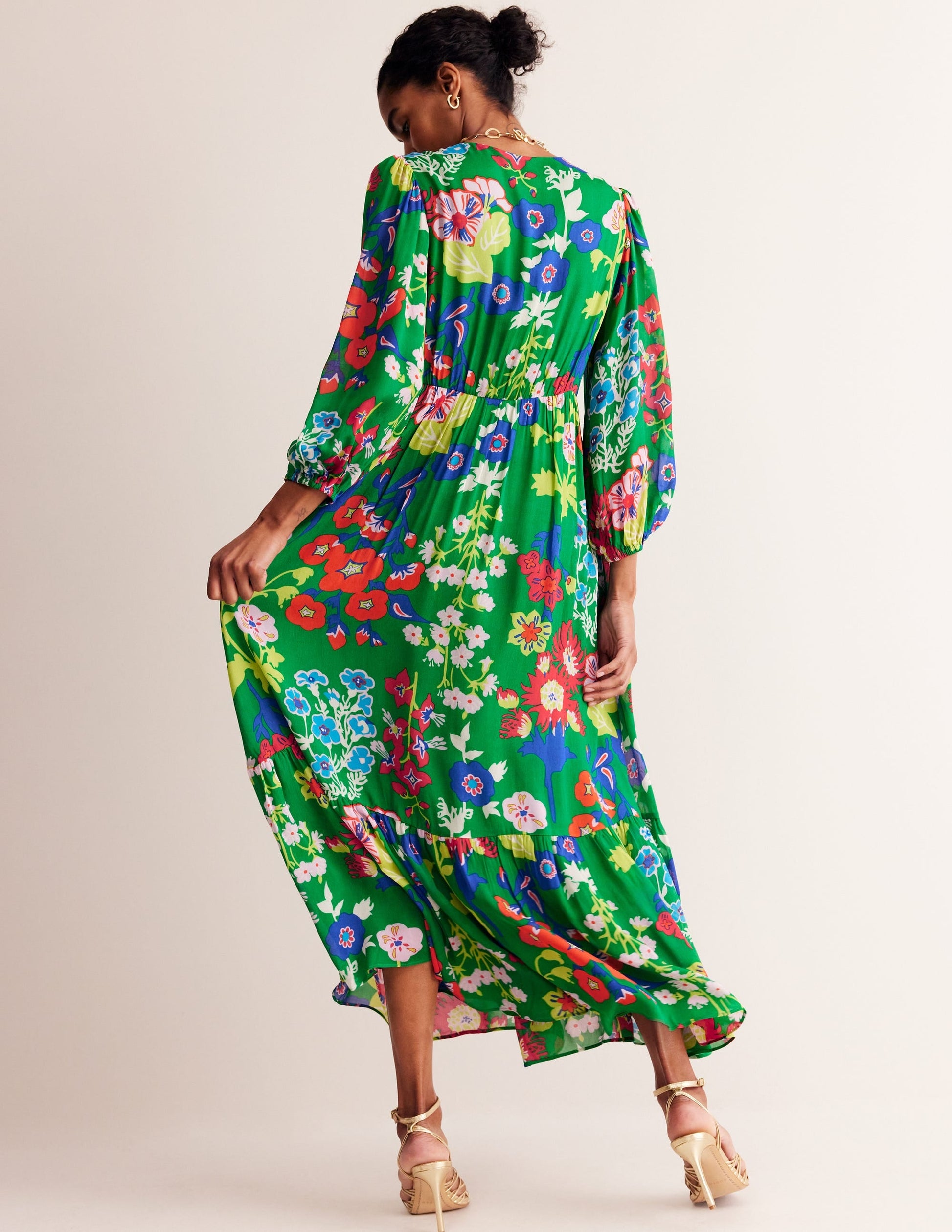 V Neck Puff Maxi Dress-Green Tambourine, Wild Flower-4