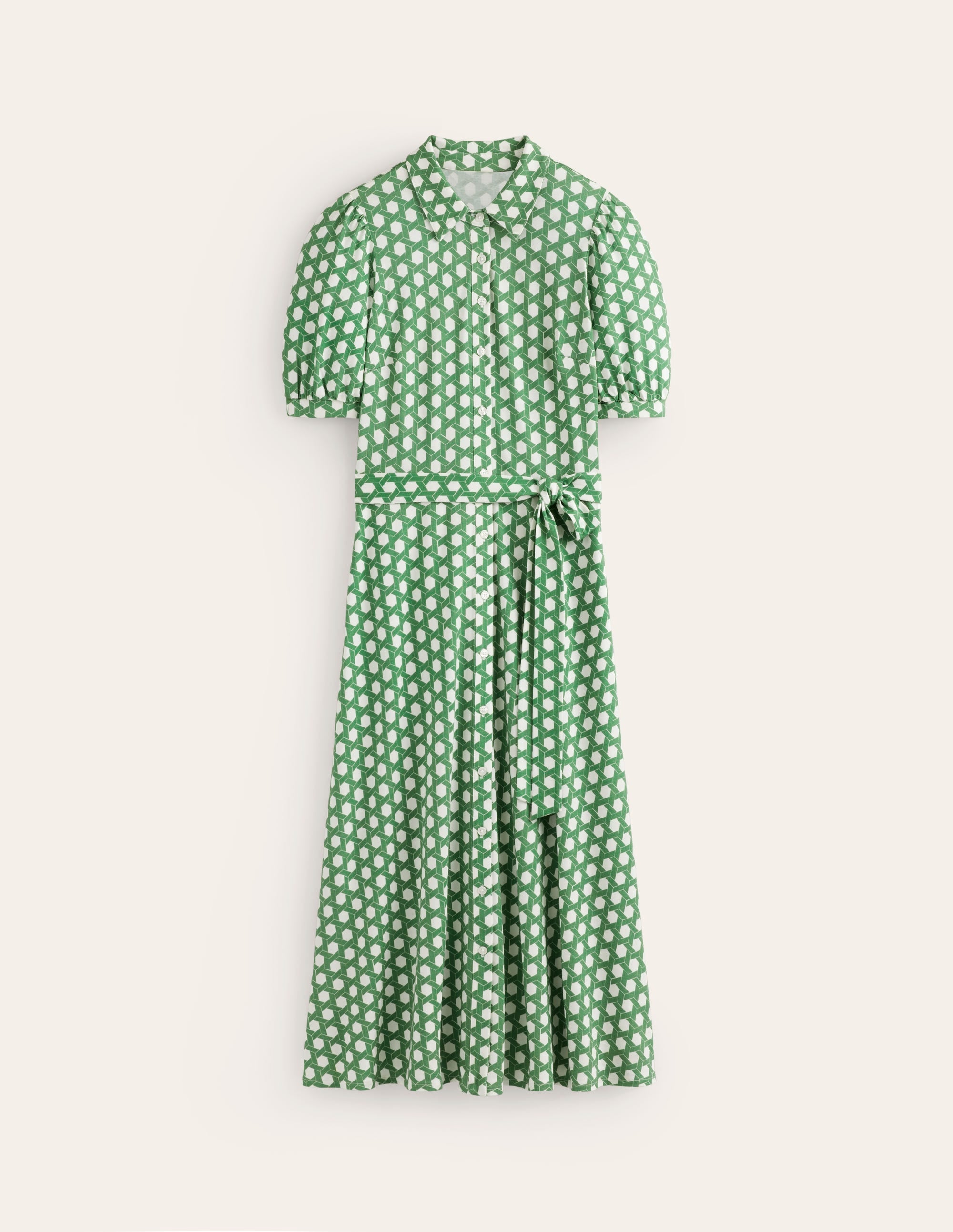 Libby Jersey Midi Shirt Dress-Green, Honeycomb Geo - Image 5