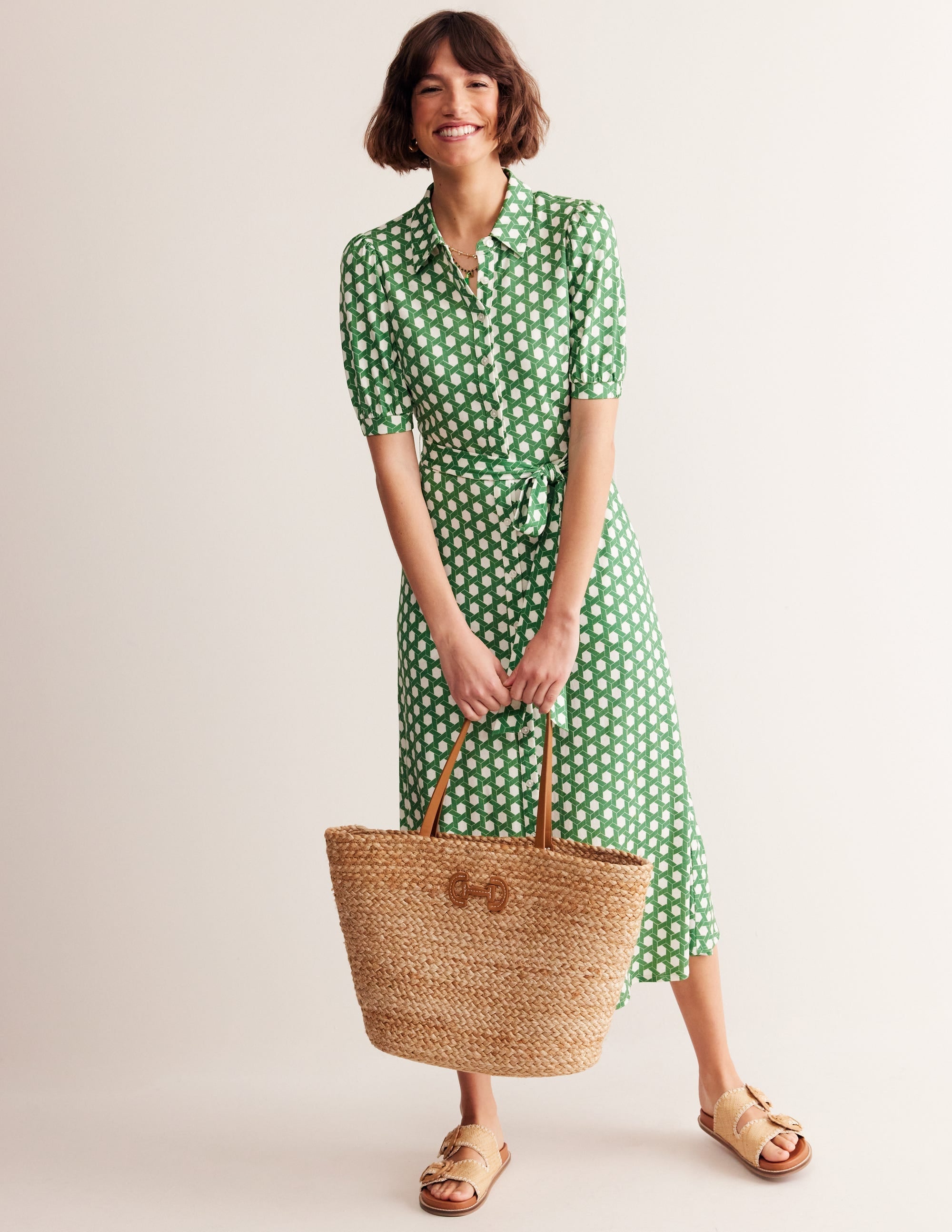Libby Jersey Midi Shirt Dress-Green, Honeycomb Geo - Image 1