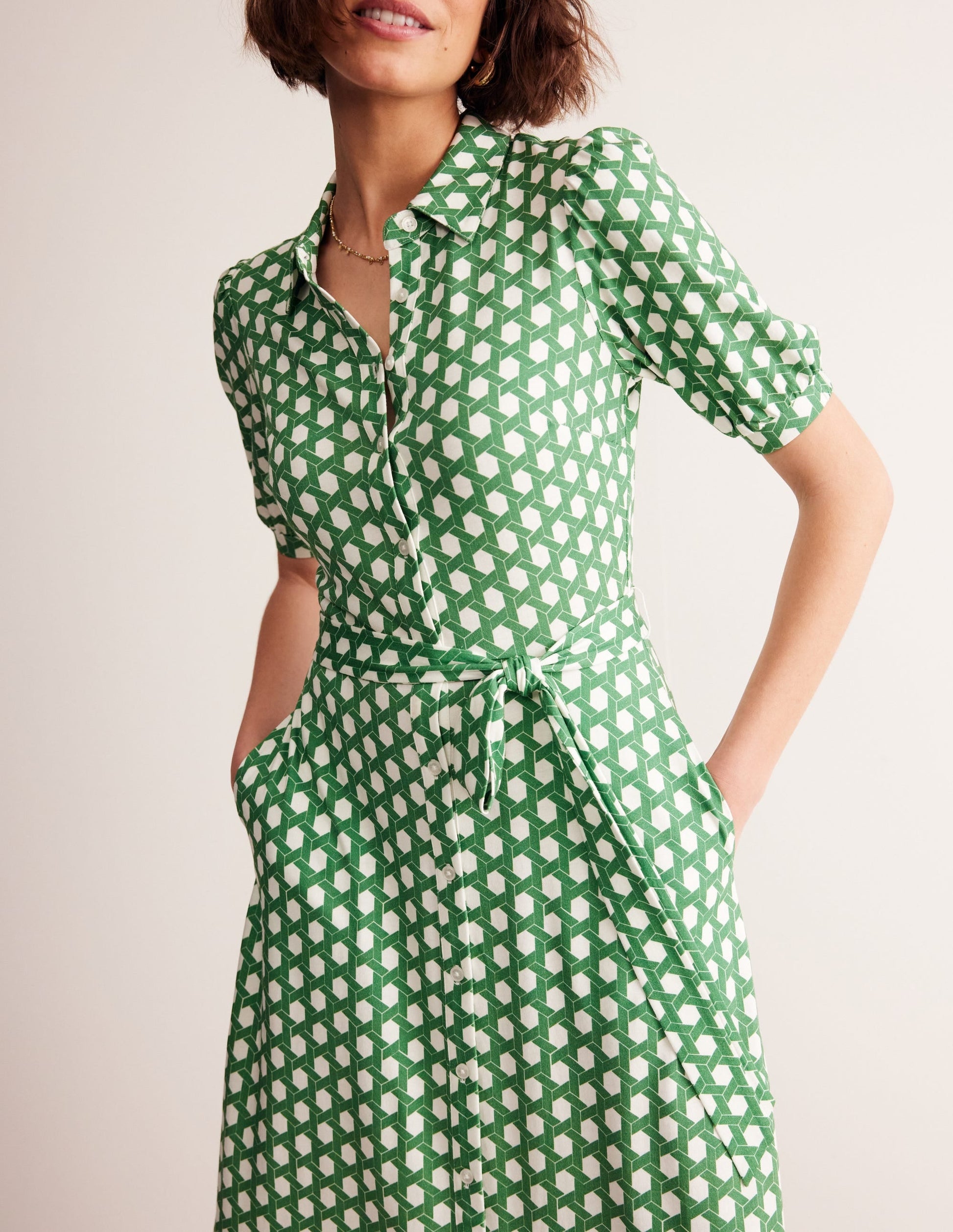 Libby Jersey Midi Shirt Dress-Green, Honeycomb Geo-2