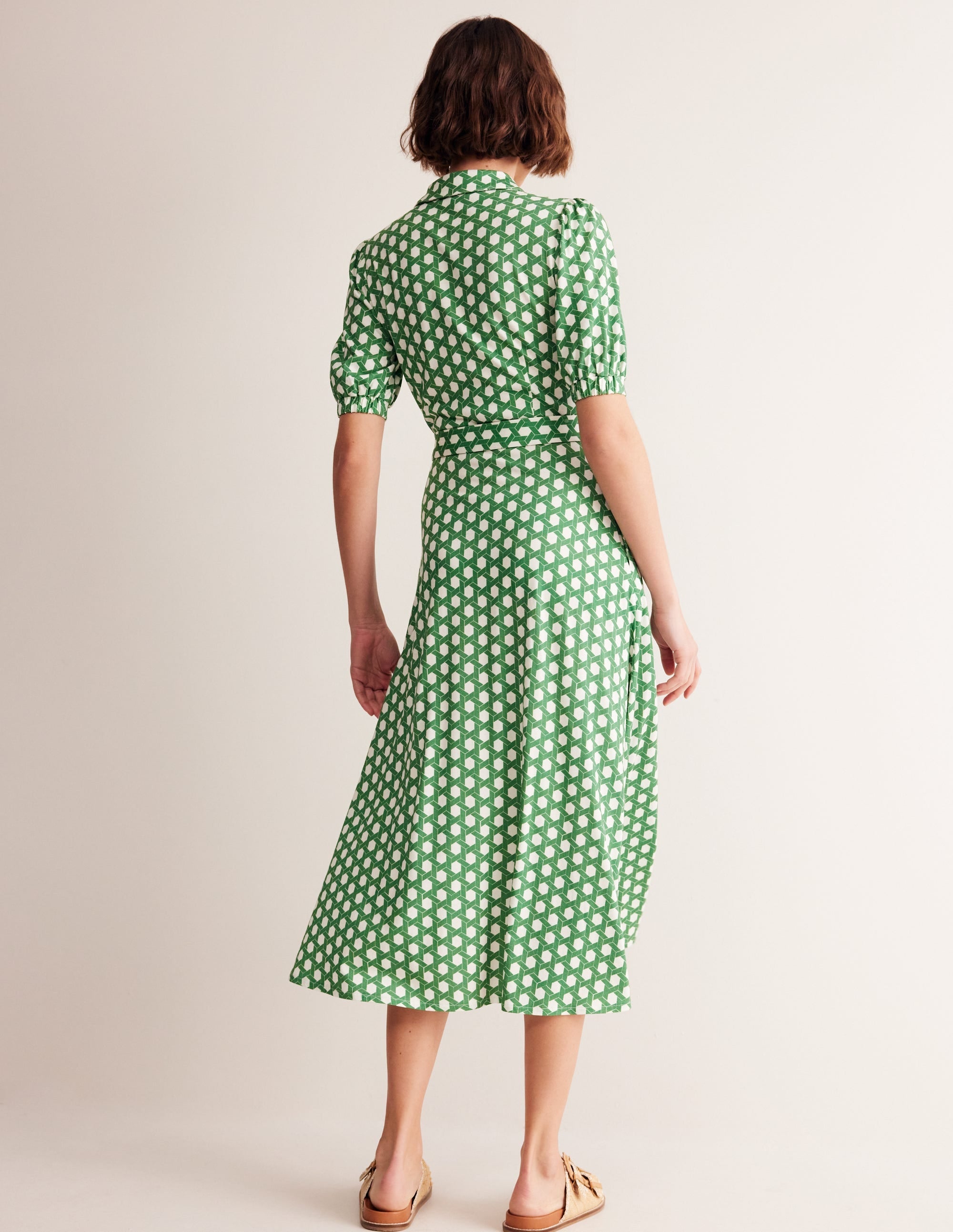 Libby Jersey Midi Shirt Dress-Green, Honeycomb Geo - Image 3