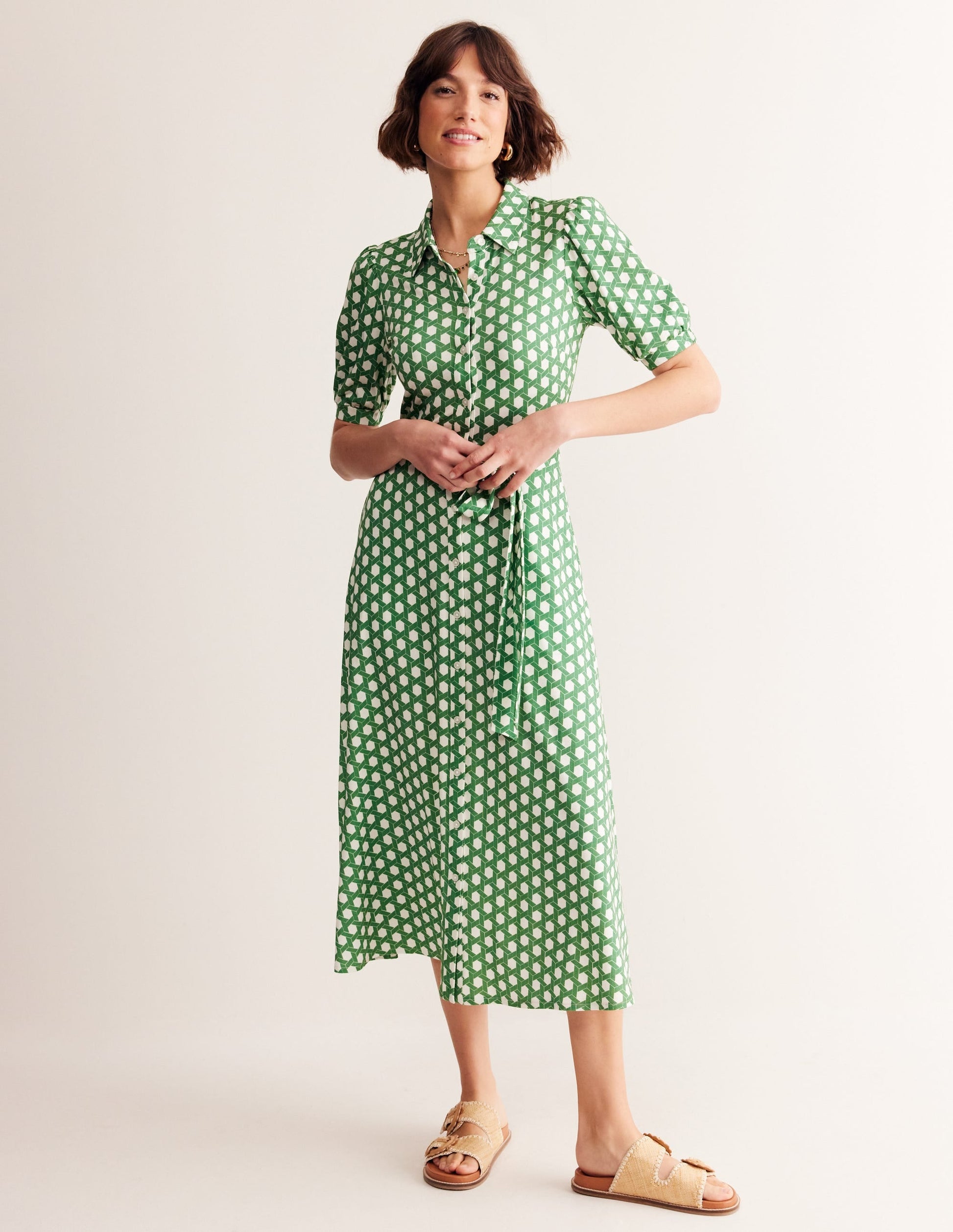 Libby Jersey Midi Shirt Dress-Green, Honeycomb Geo-4