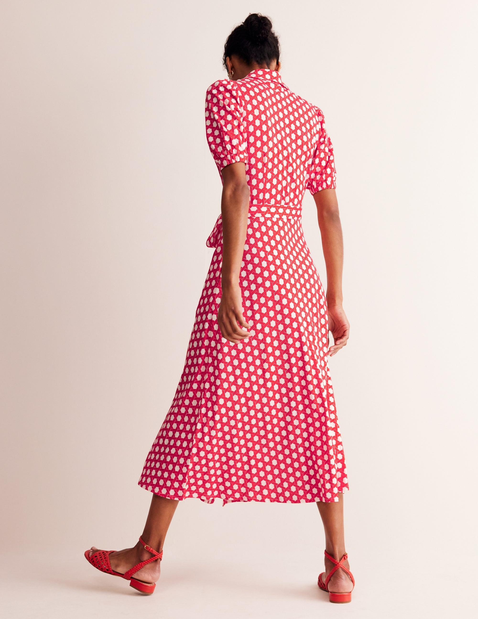 Libby Jersey Midi Shirt Dress-Flame Scarlet, Honeycomb Geo - Image 4