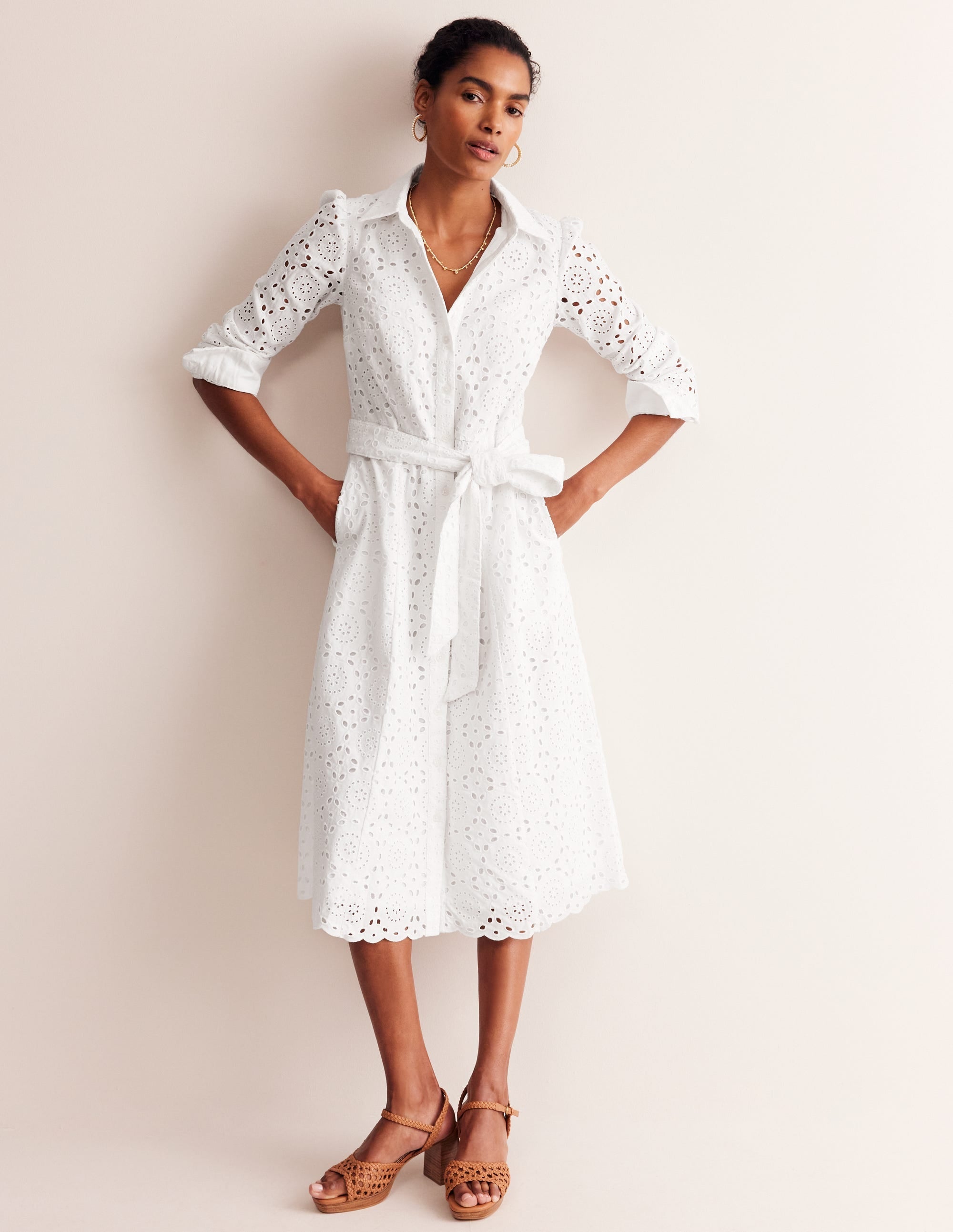 Kate Broderie Midi Shirt Dress-White - Image 1
