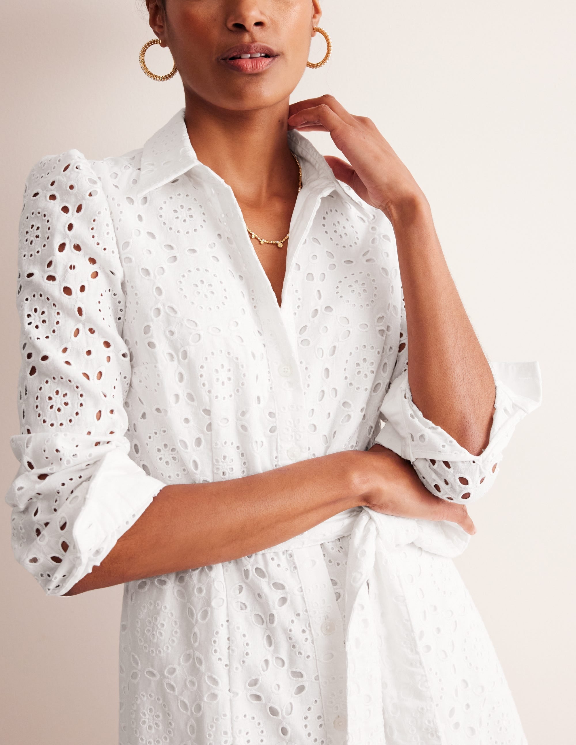 Kate Broderie Midi Shirt Dress-White - Image 2