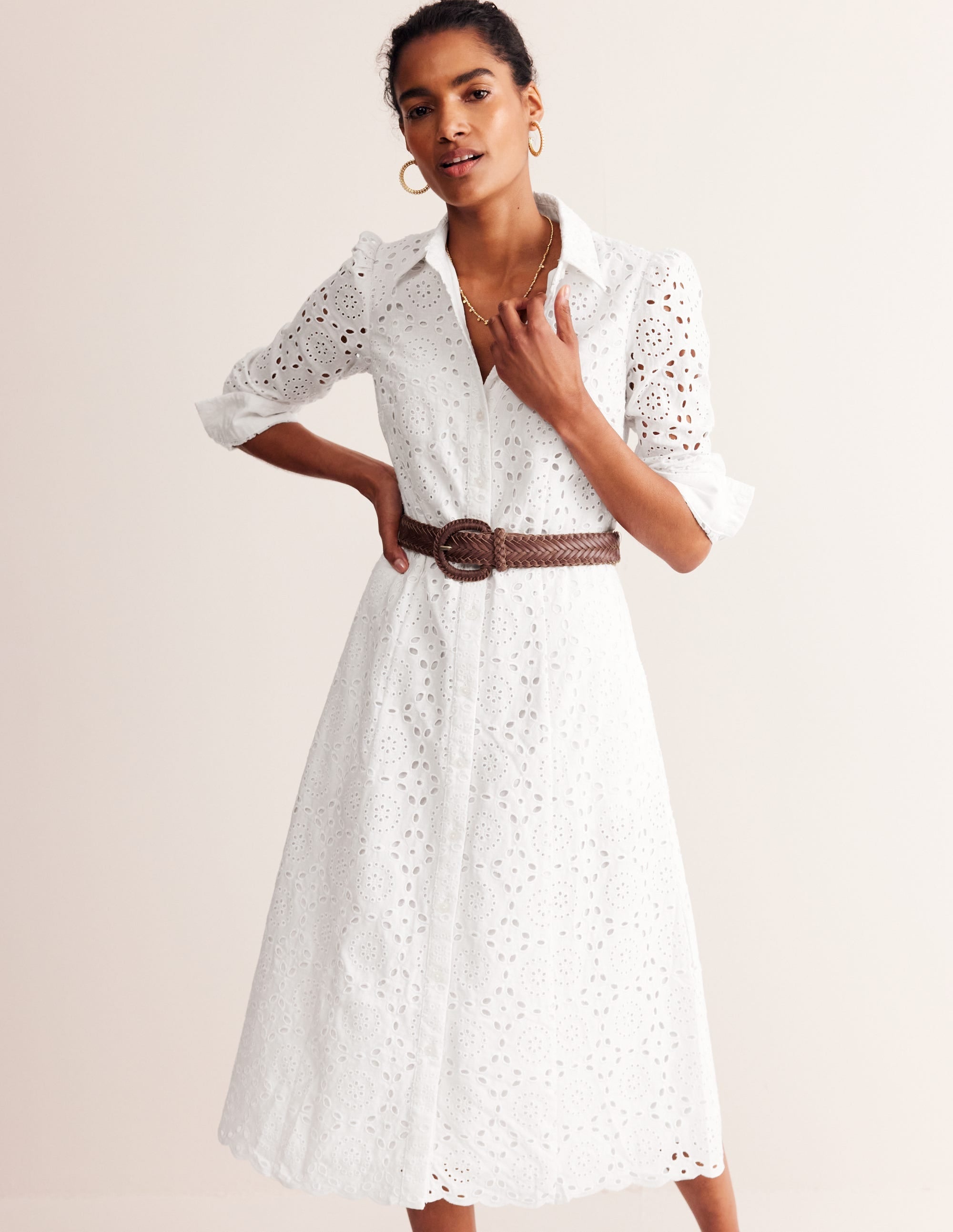 Kate Broderie Midi Shirt Dress-White - Image 4