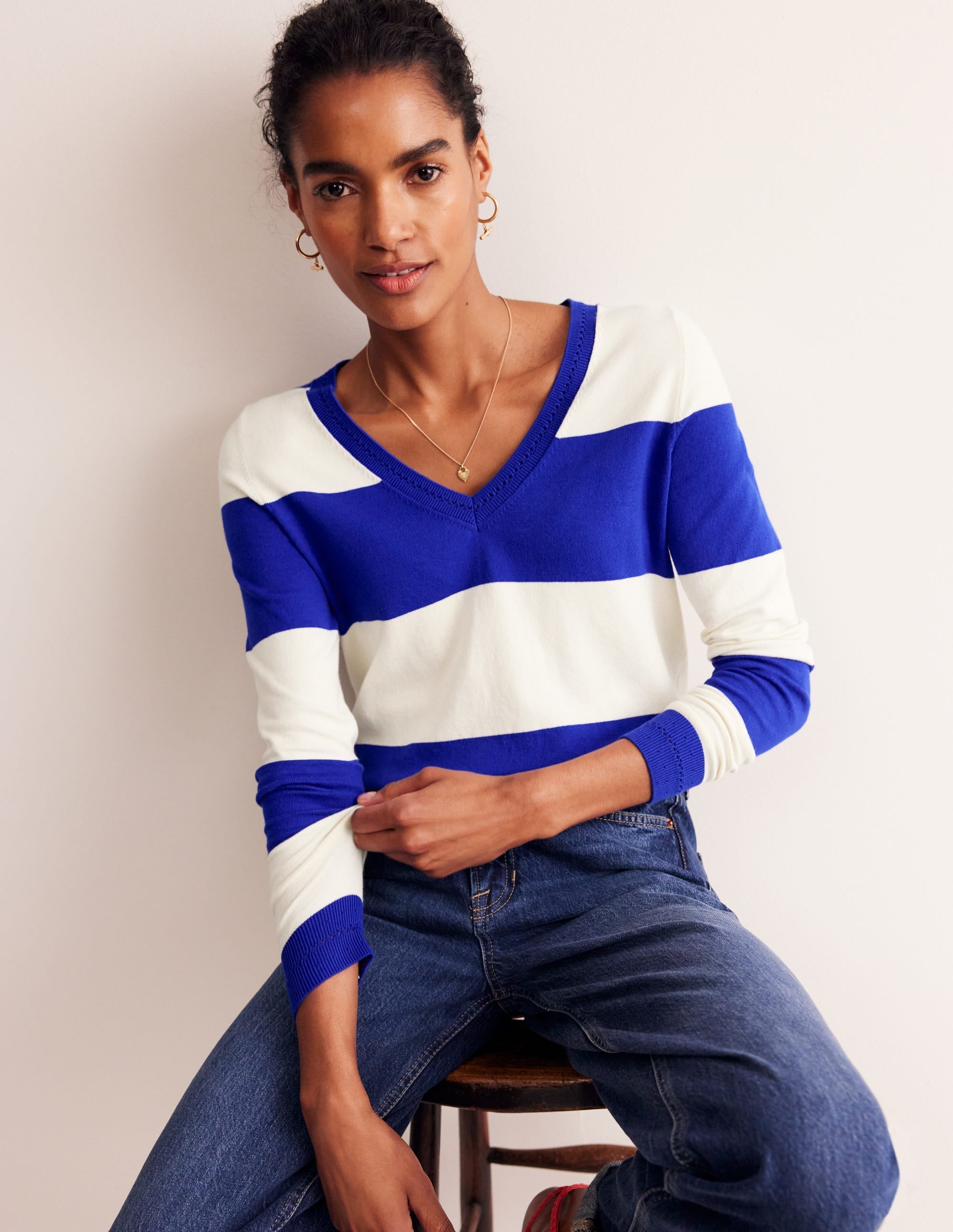 Catriona Cotton V-Neck Jumper-Bright Blue Stripe - Image 1