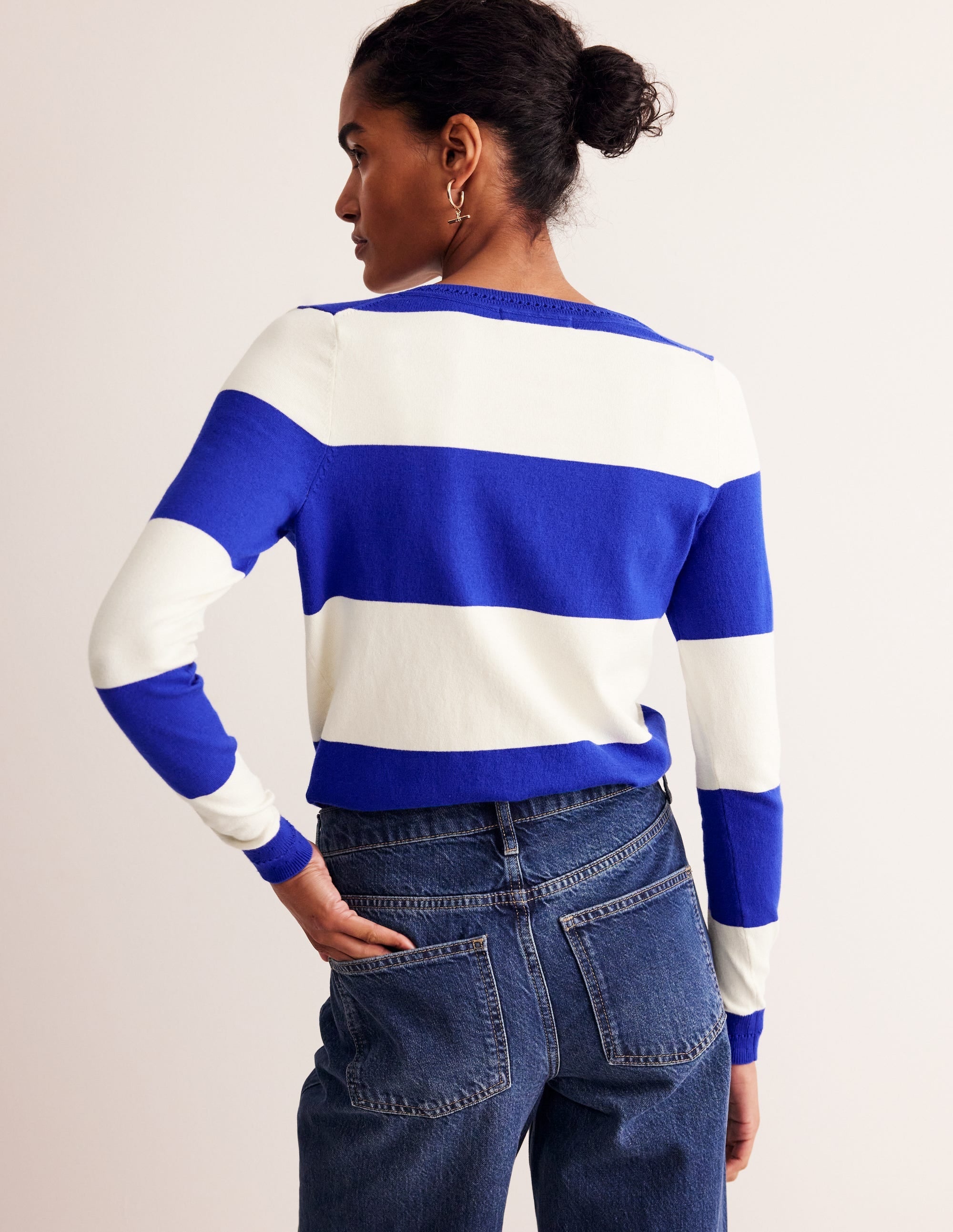 Catriona Cotton V-Neck Jumper-Bright Blue Stripe - Image 3