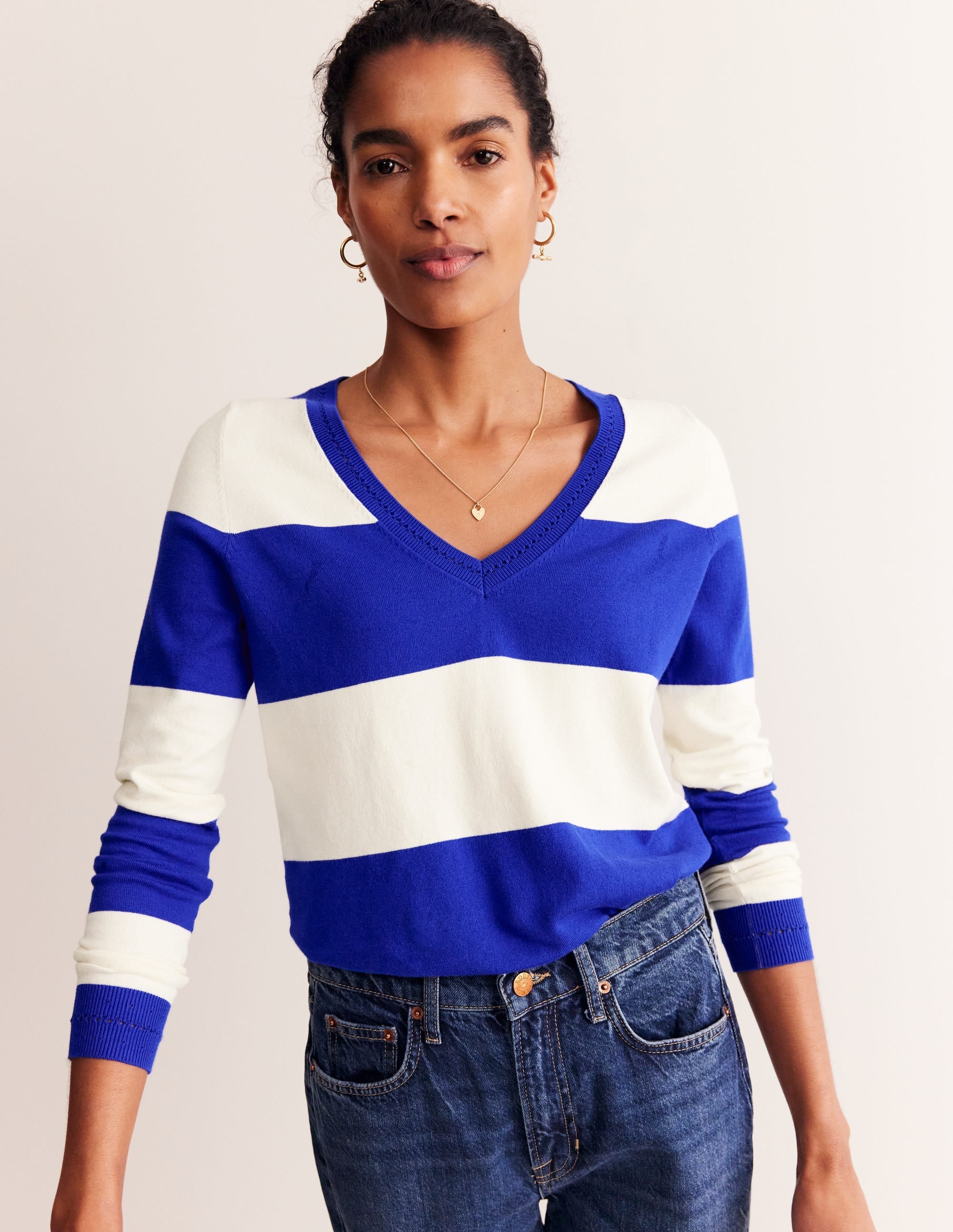 Catriona Cotton V-Neck Jumper-Bright Blue Stripe - Image 4
