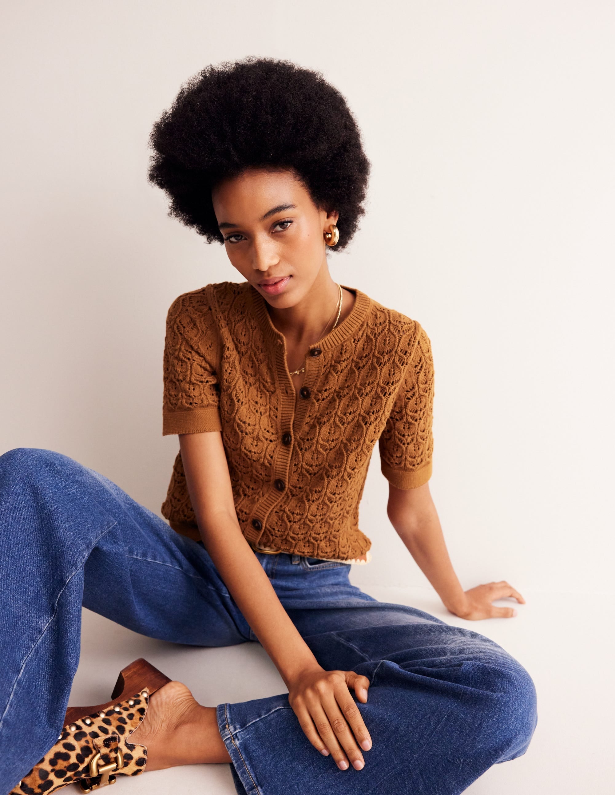 Short Sleeve Crochet Cardigan-Gingerbread Brown - Image 1