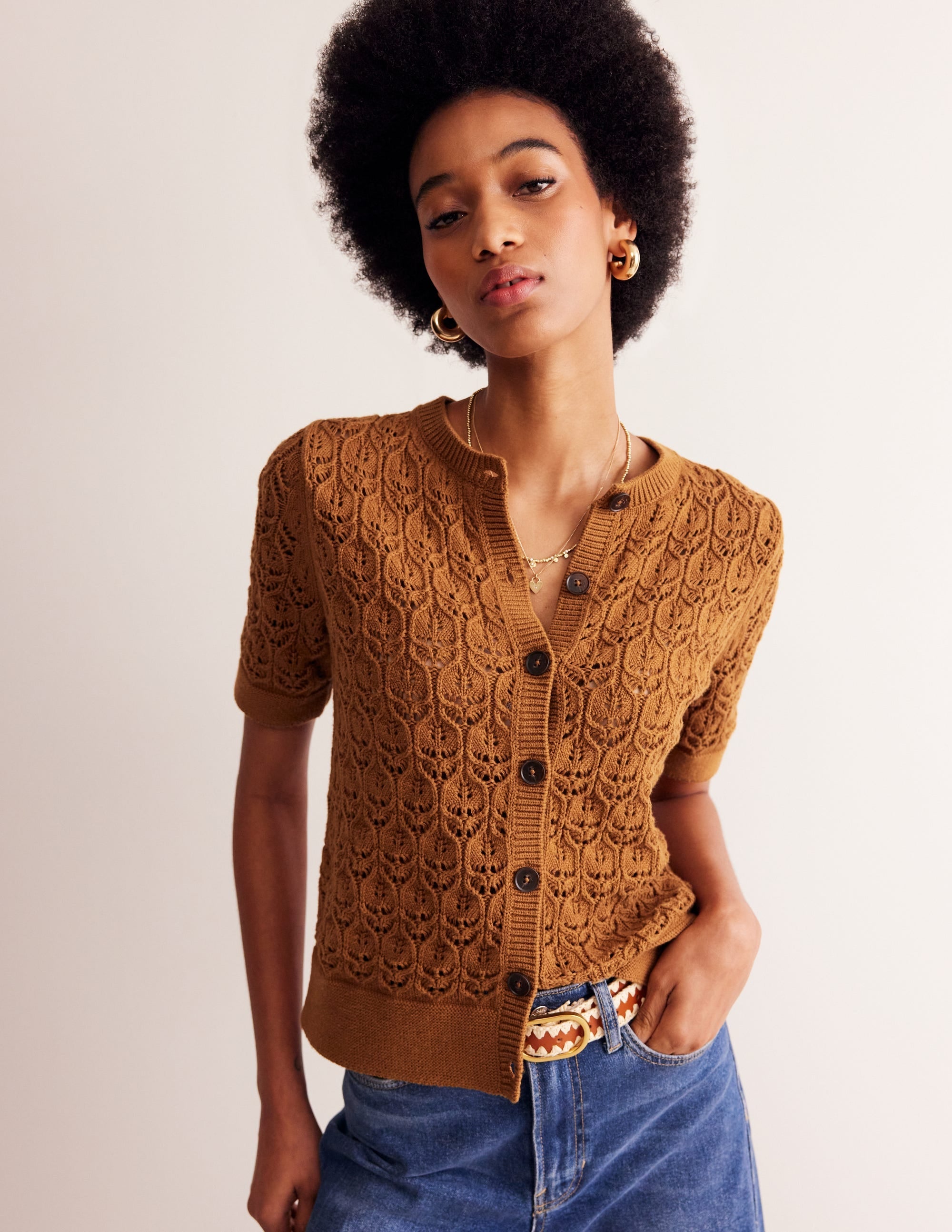 Short Sleeve Crochet Cardigan-Gingerbread Brown - Image 2