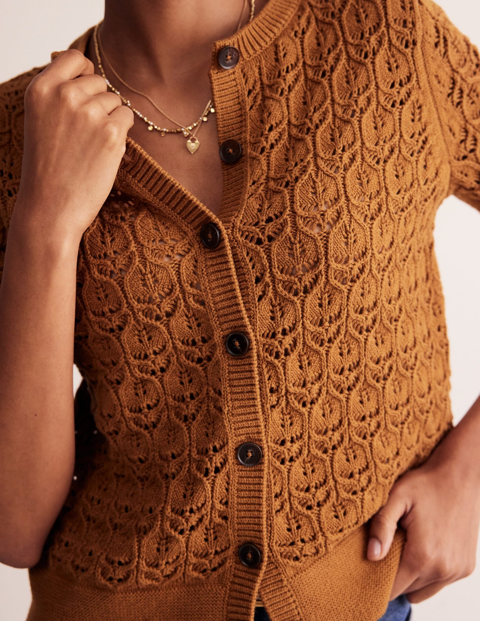 Short Sleeve Crochet Cardigan-Gingerbread Brown-3