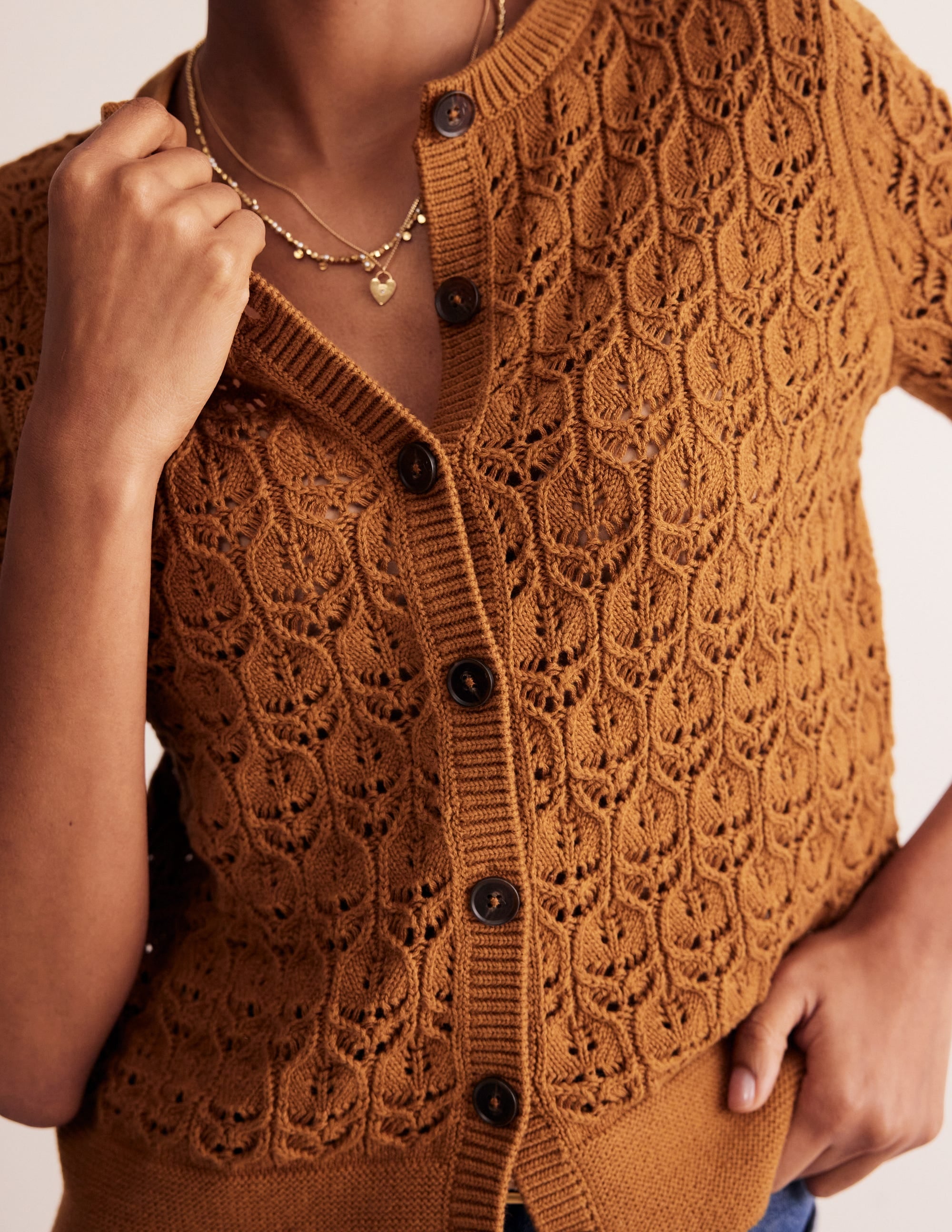 Short Sleeve Crochet Cardigan-Gingerbread Brown - Image 3