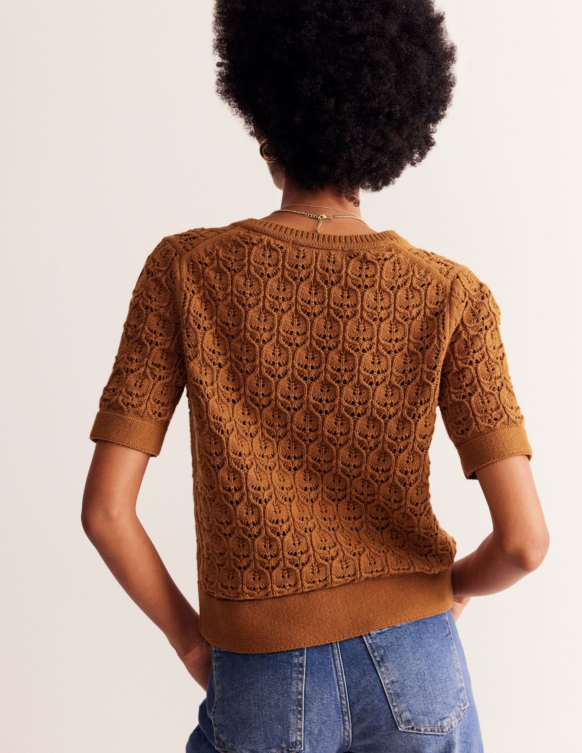 Short Sleeve Crochet Cardigan-Gingerbread Brown-4