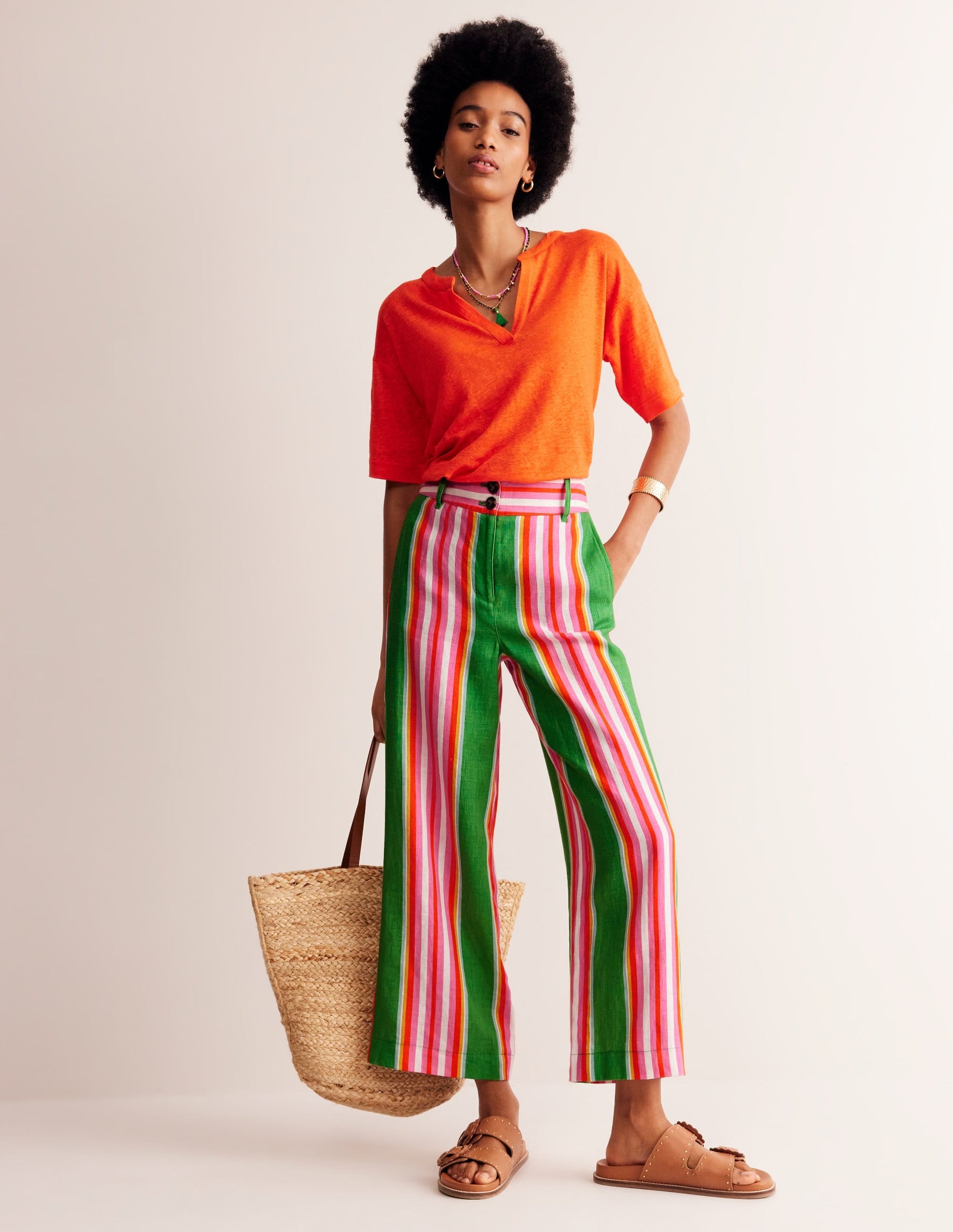 Westbourne Linen Crop Trousers-Green Tambourine, Pink Stripe-1