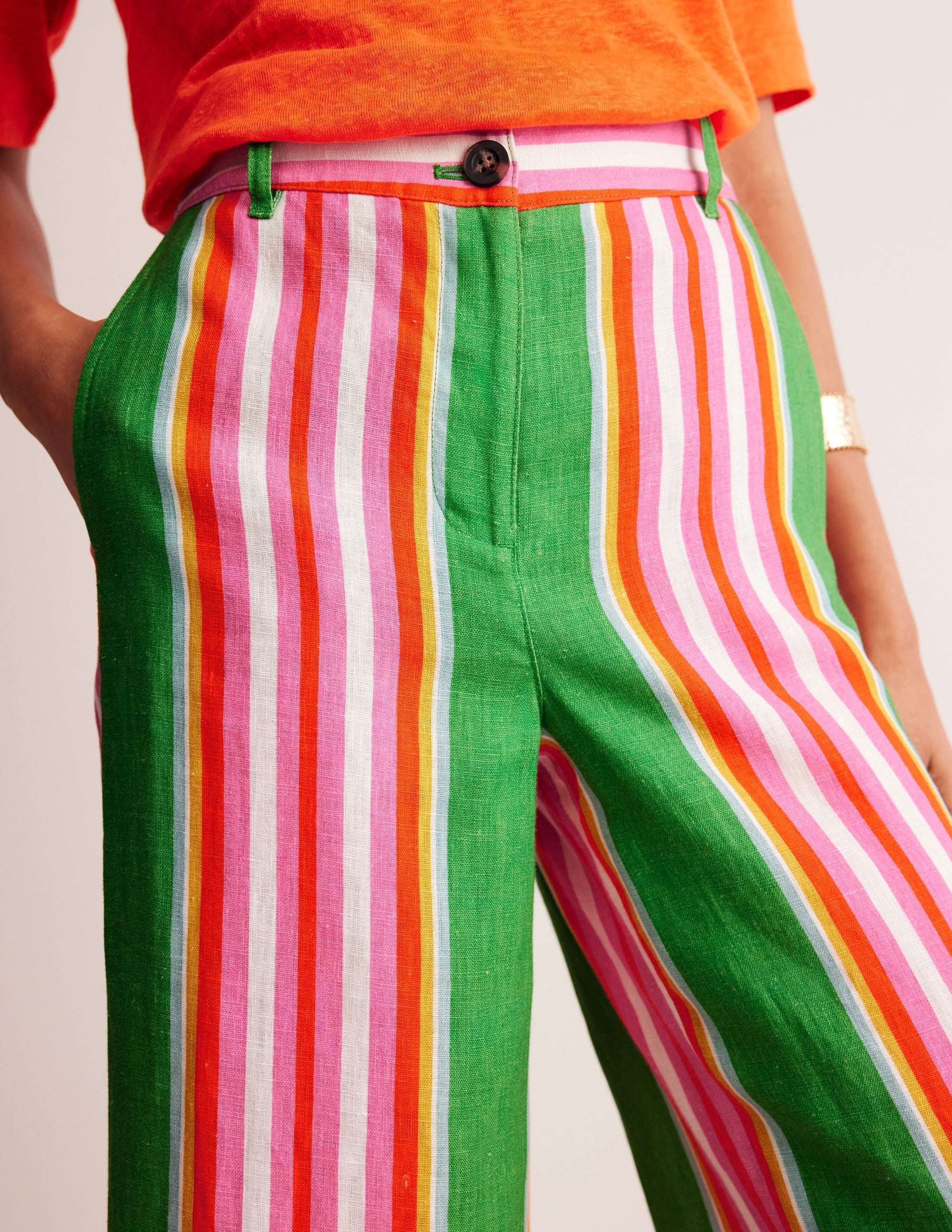 Westbourne Linen Crop Trousers-Green Tambourine, Pink Stripe - Image 2