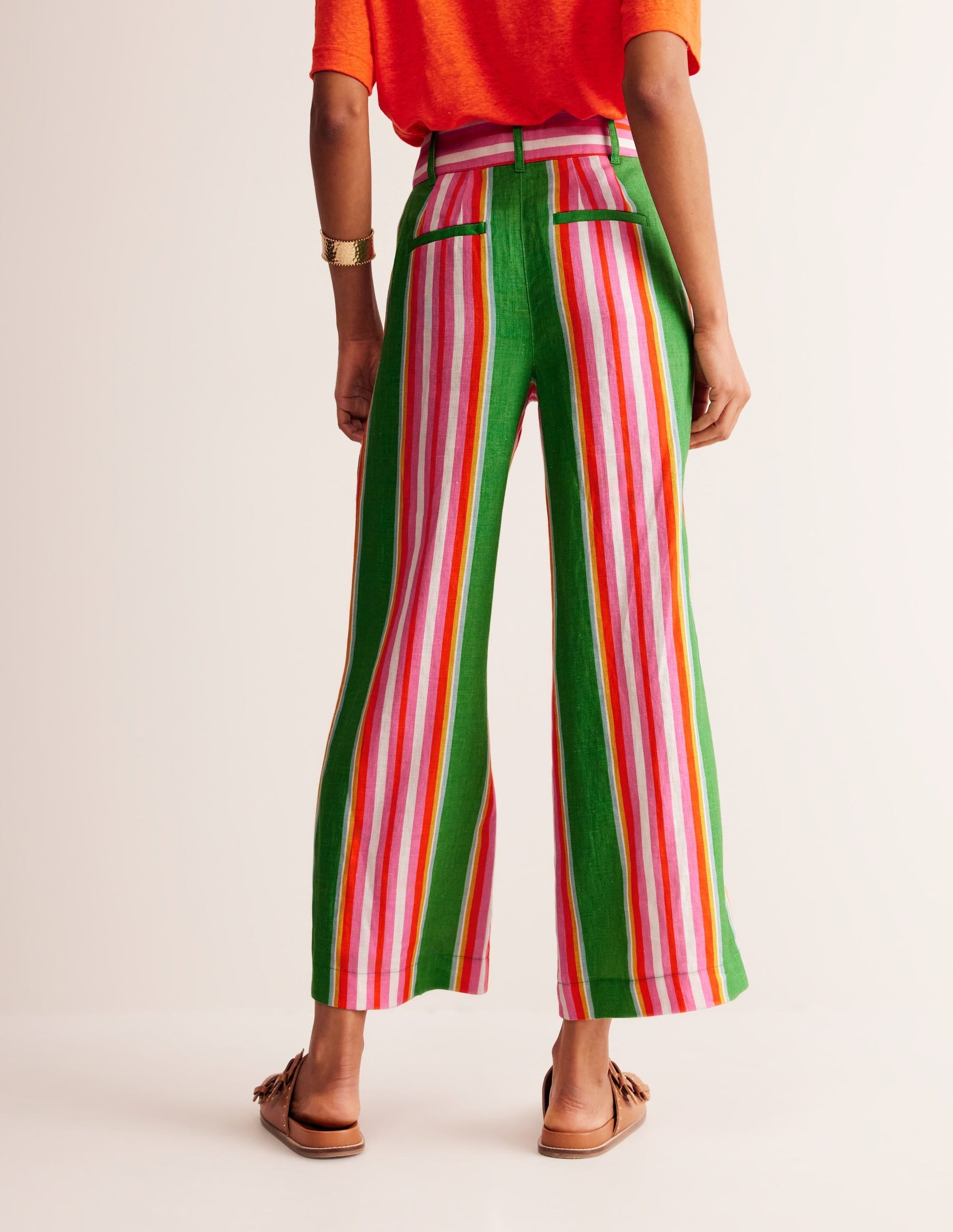 Westbourne Linen Crop Trousers-Green Tambourine, Pink Stripe-3