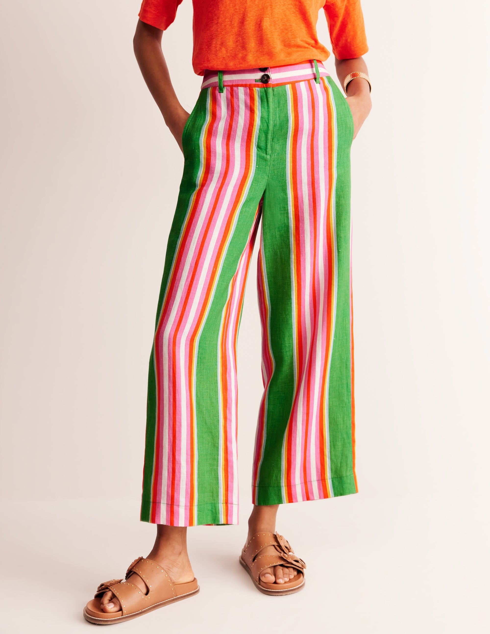 Westbourne Linen Crop Trousers-Green Tambourine, Pink Stripe - Image 4
