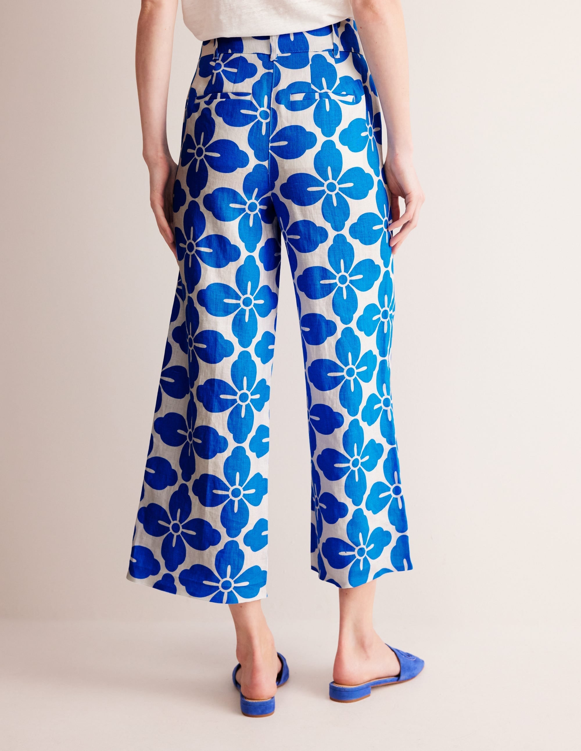 Westbourne Linen Crop Trousers-Indigo Bunting, Floral Tile - Image 3