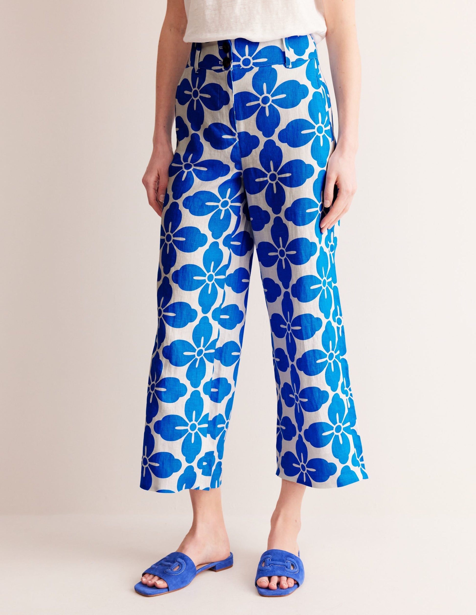 Westbourne Linen Crop Trousers-Indigo Bunting, Floral Tile-4