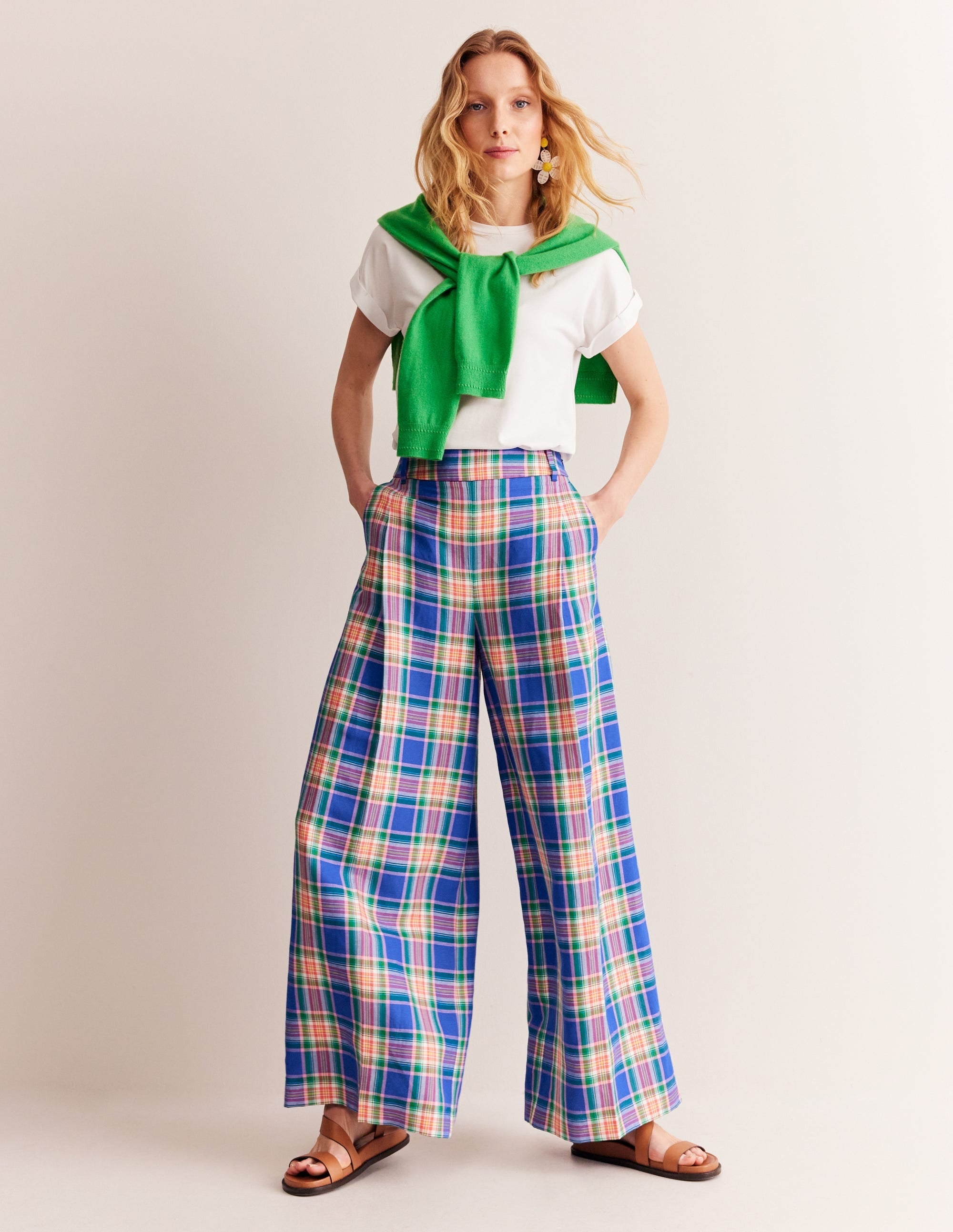 Palazzo Check Trousers-Blue and Green Check - Image 1