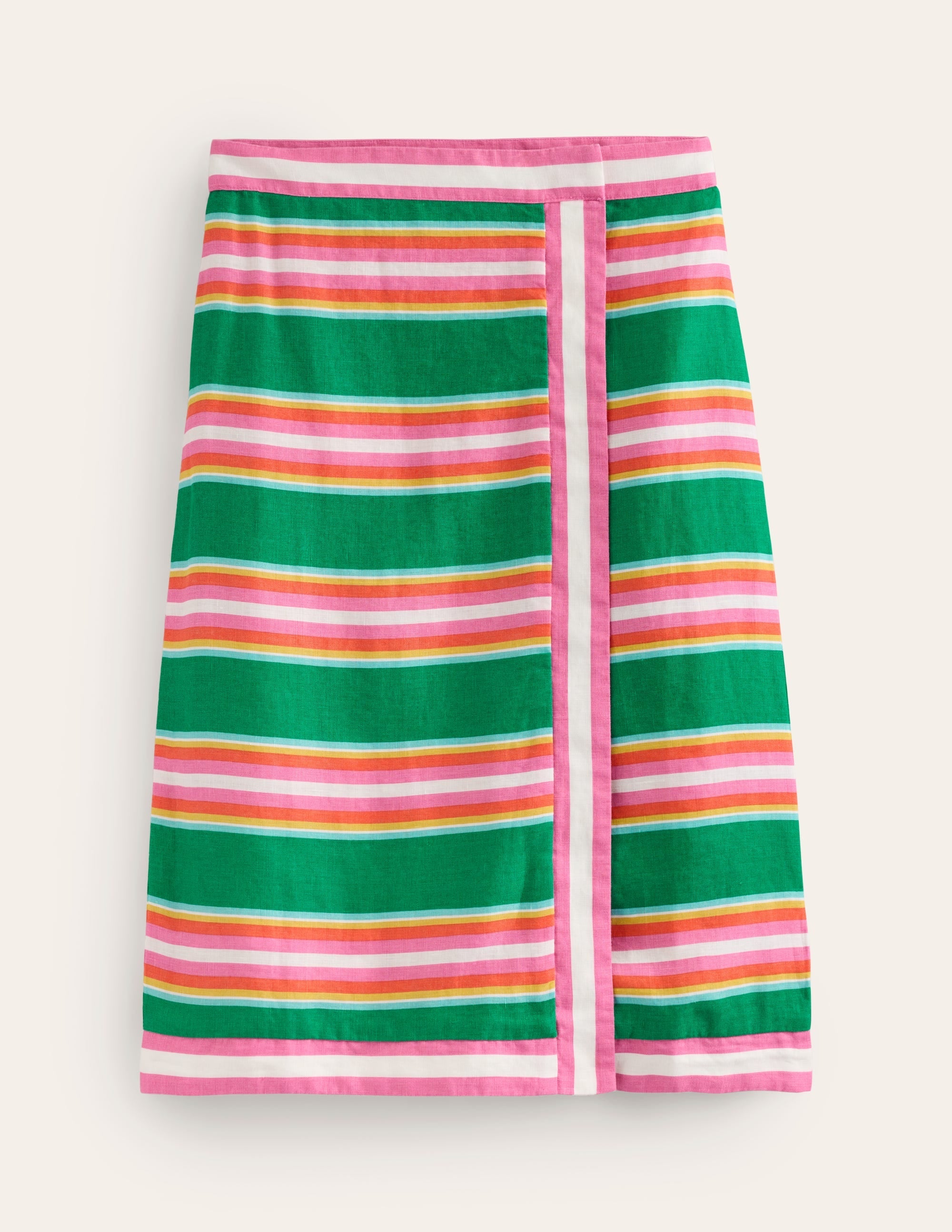 Linen Border Wrap Skirt-Green Tambourine, Pink Stripe - Image 5