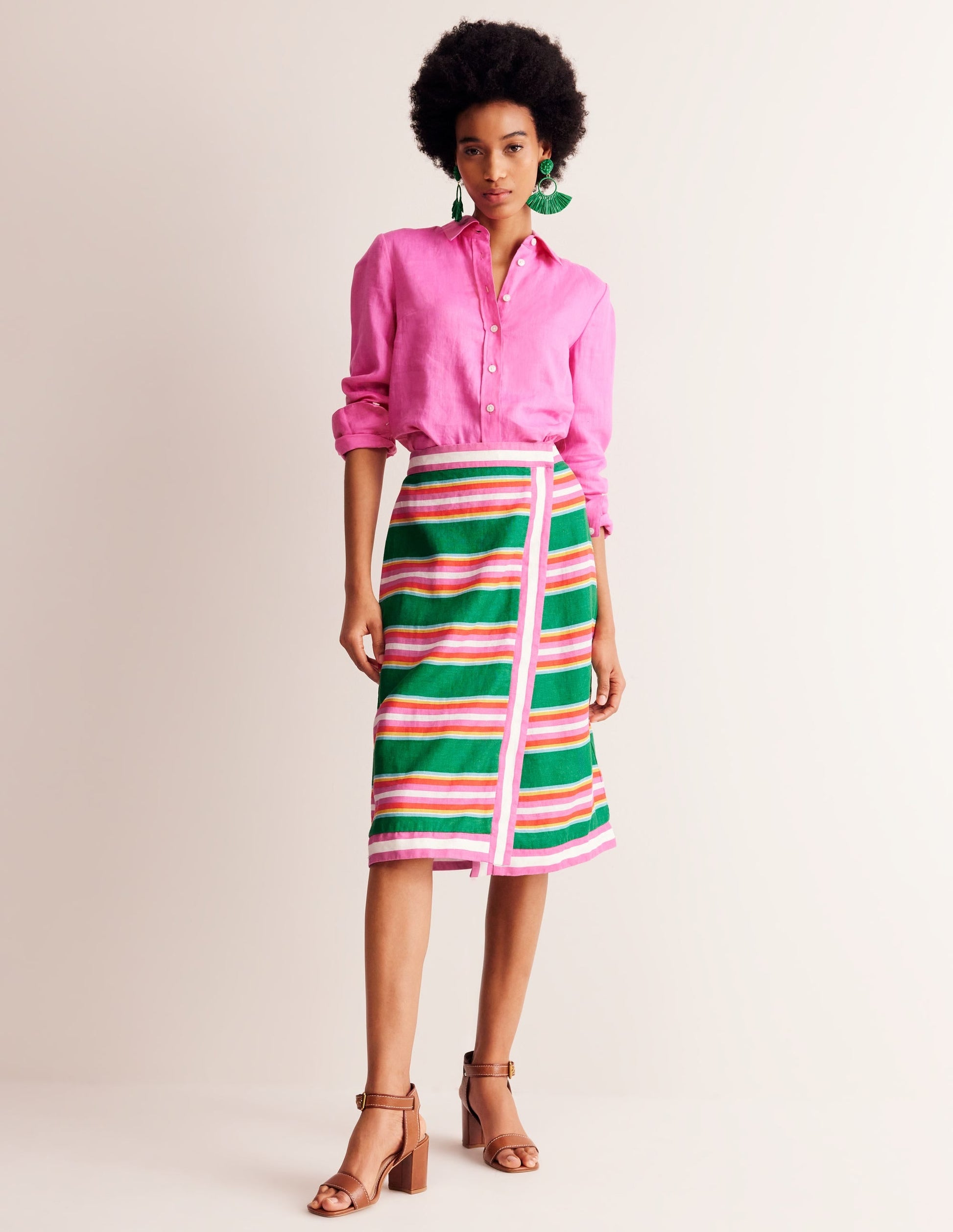 Linen Border Wrap Skirt-Green Tambourine, Pink Stripe-1