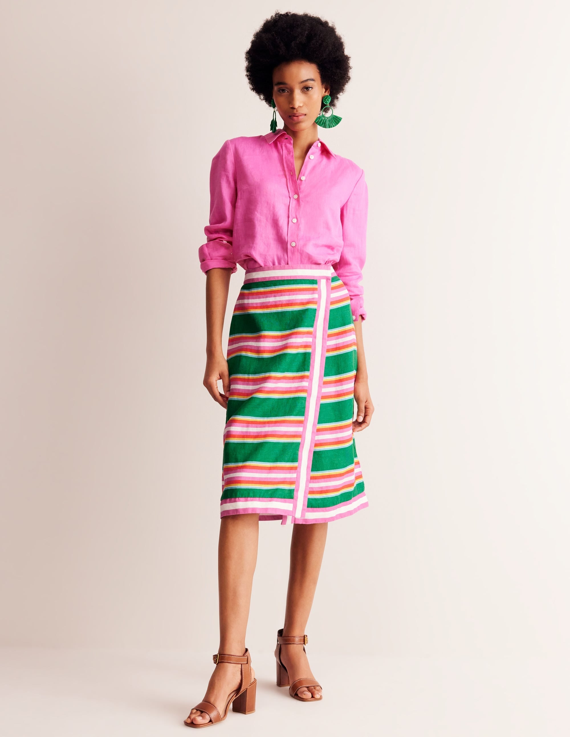 Linen Border Wrap Skirt-Green Tambourine, Pink Stripe - Image 1