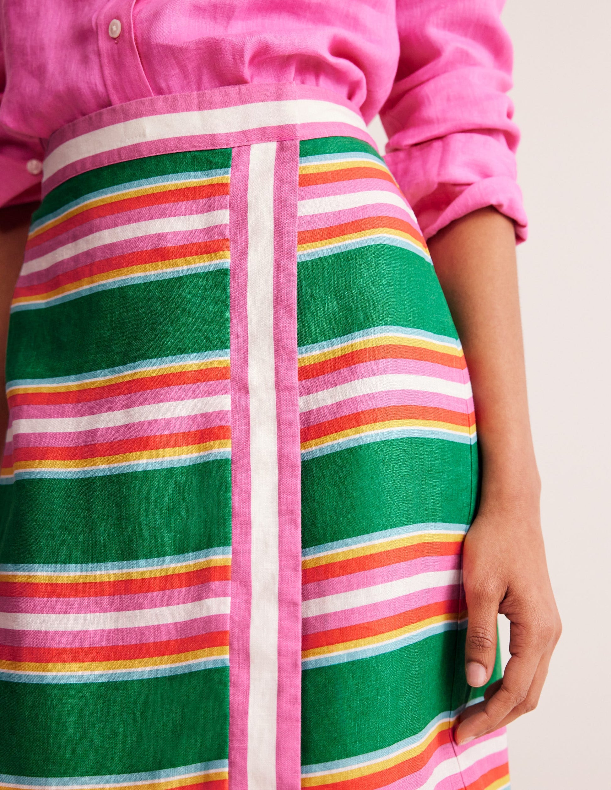 Linen Border Wrap Skirt-Green Tambourine, Pink Stripe-2