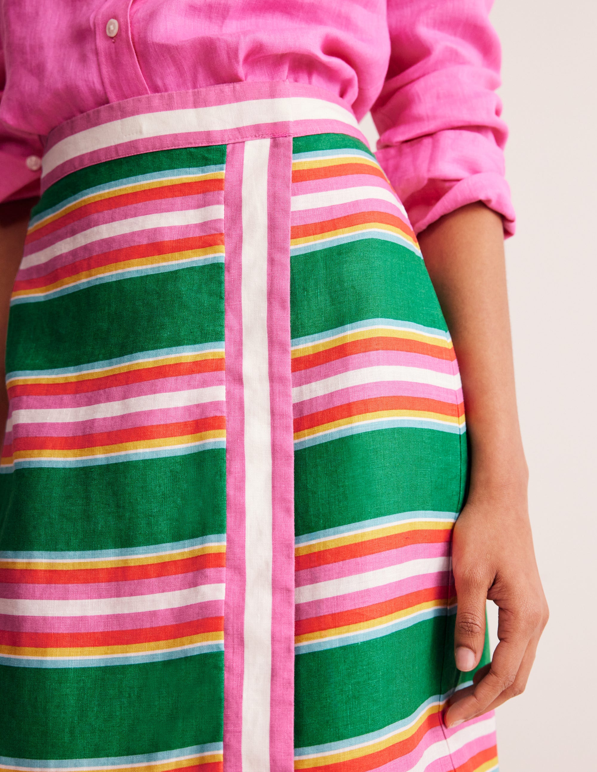 Linen Border Wrap Skirt-Green Tambourine, Pink Stripe - Image 2