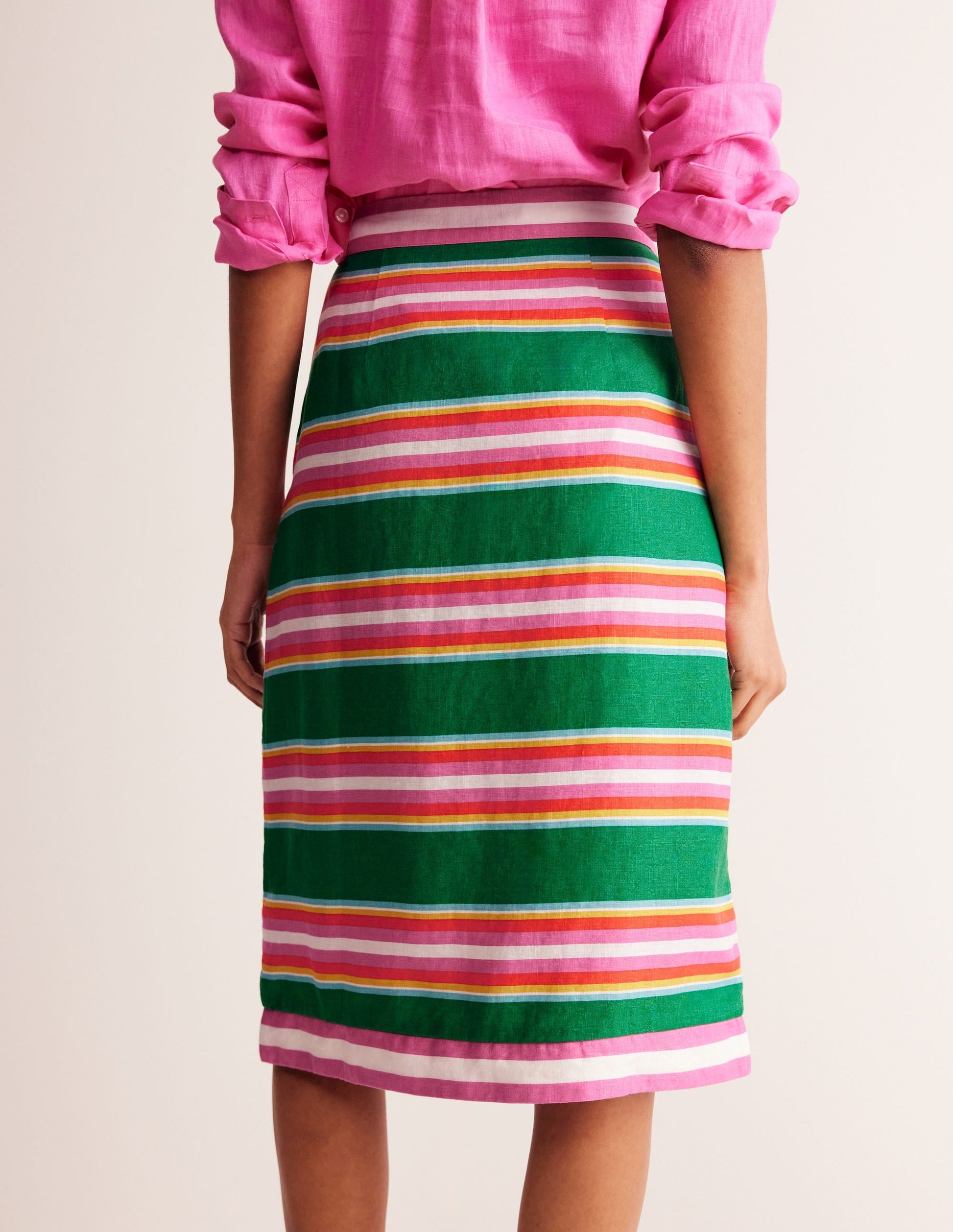 Linen Border Wrap Skirt-Green Tambourine, Pink Stripe-3