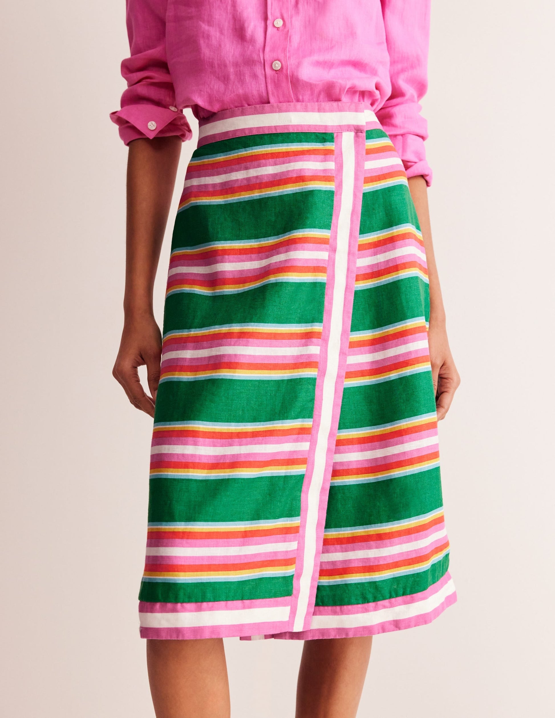 Linen Border Wrap Skirt-Green Tambourine, Pink Stripe-4