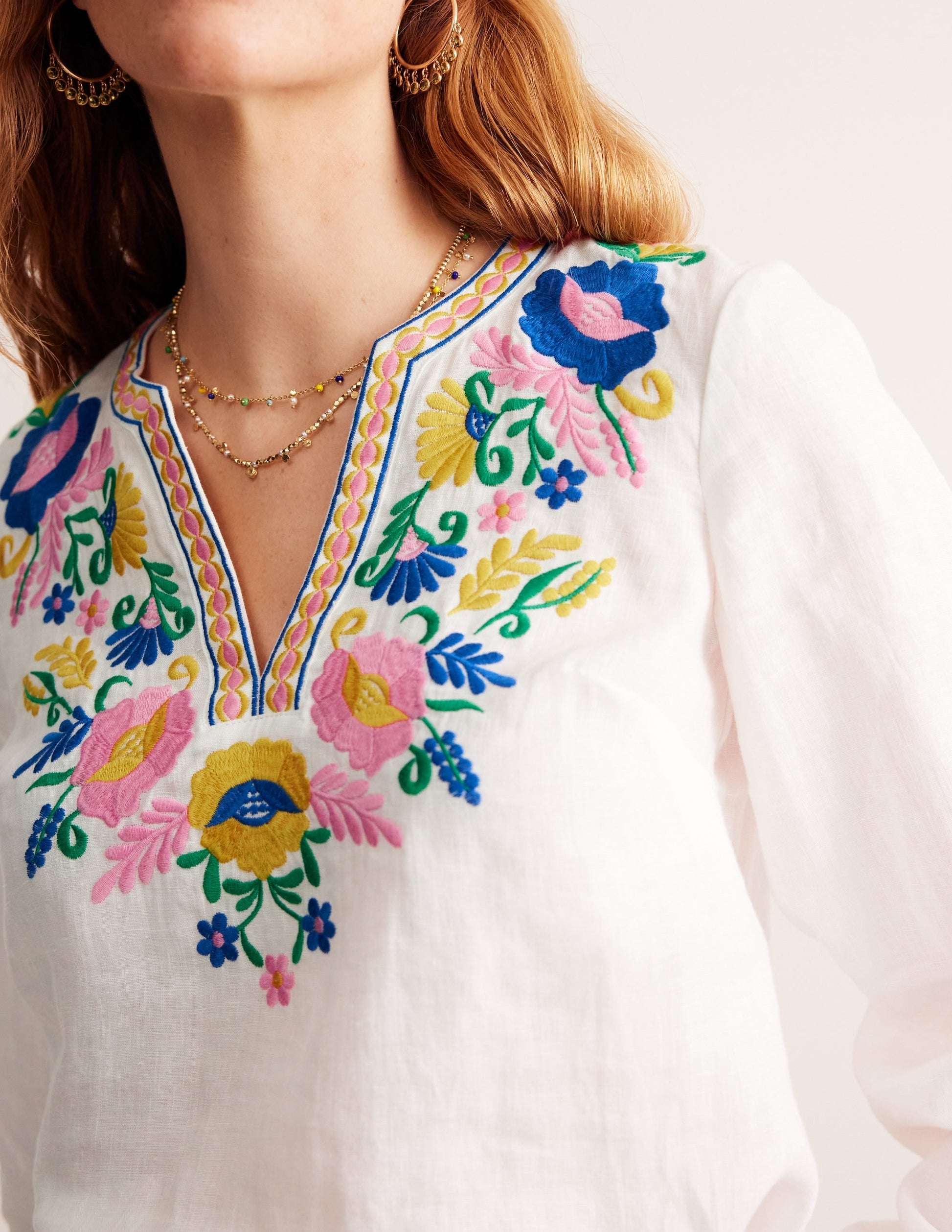 Bonnie Linen Top-White, Floral-2