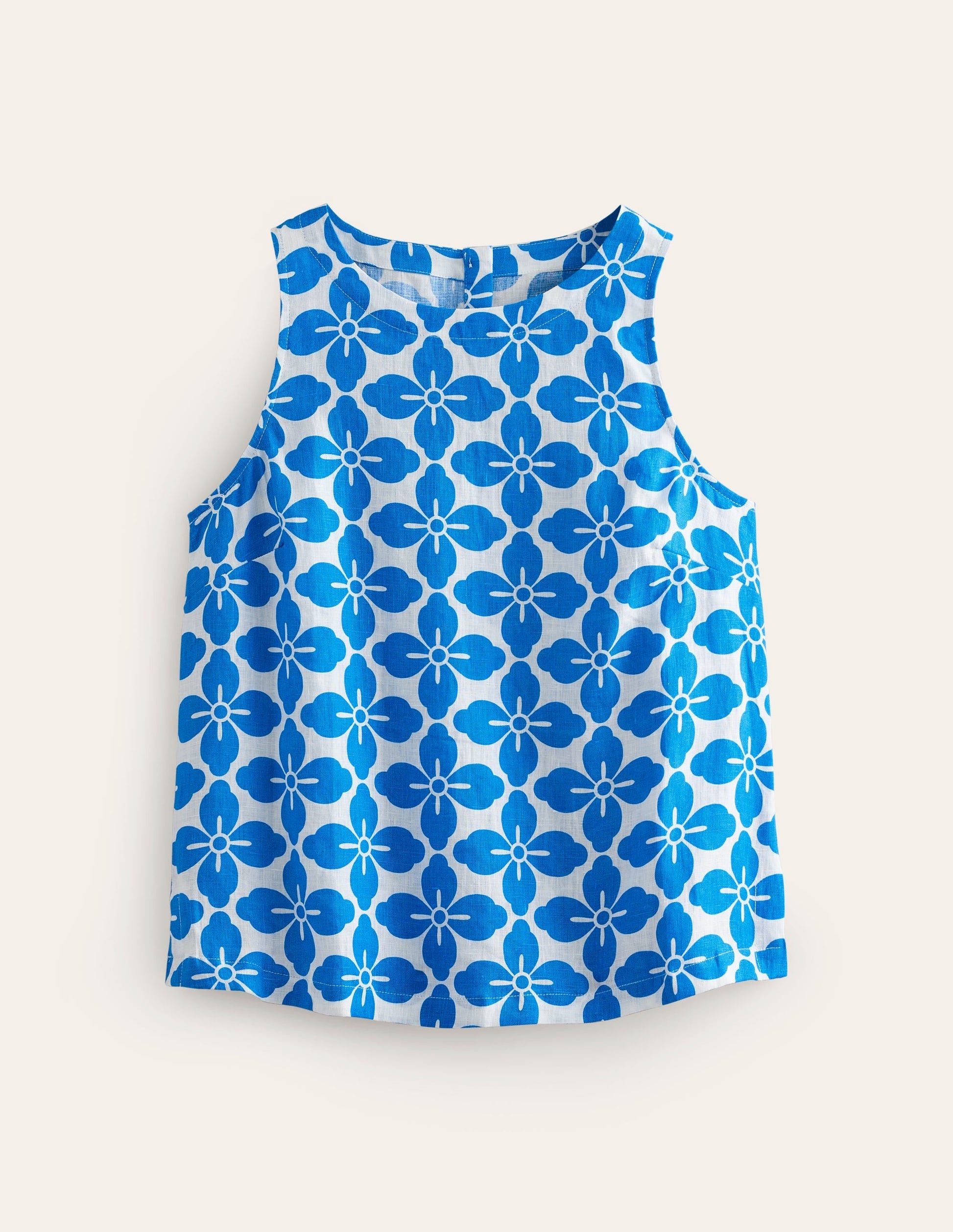 Linen Sleeveless Shell Top-Cerulean Blue, Floral Tile-6
