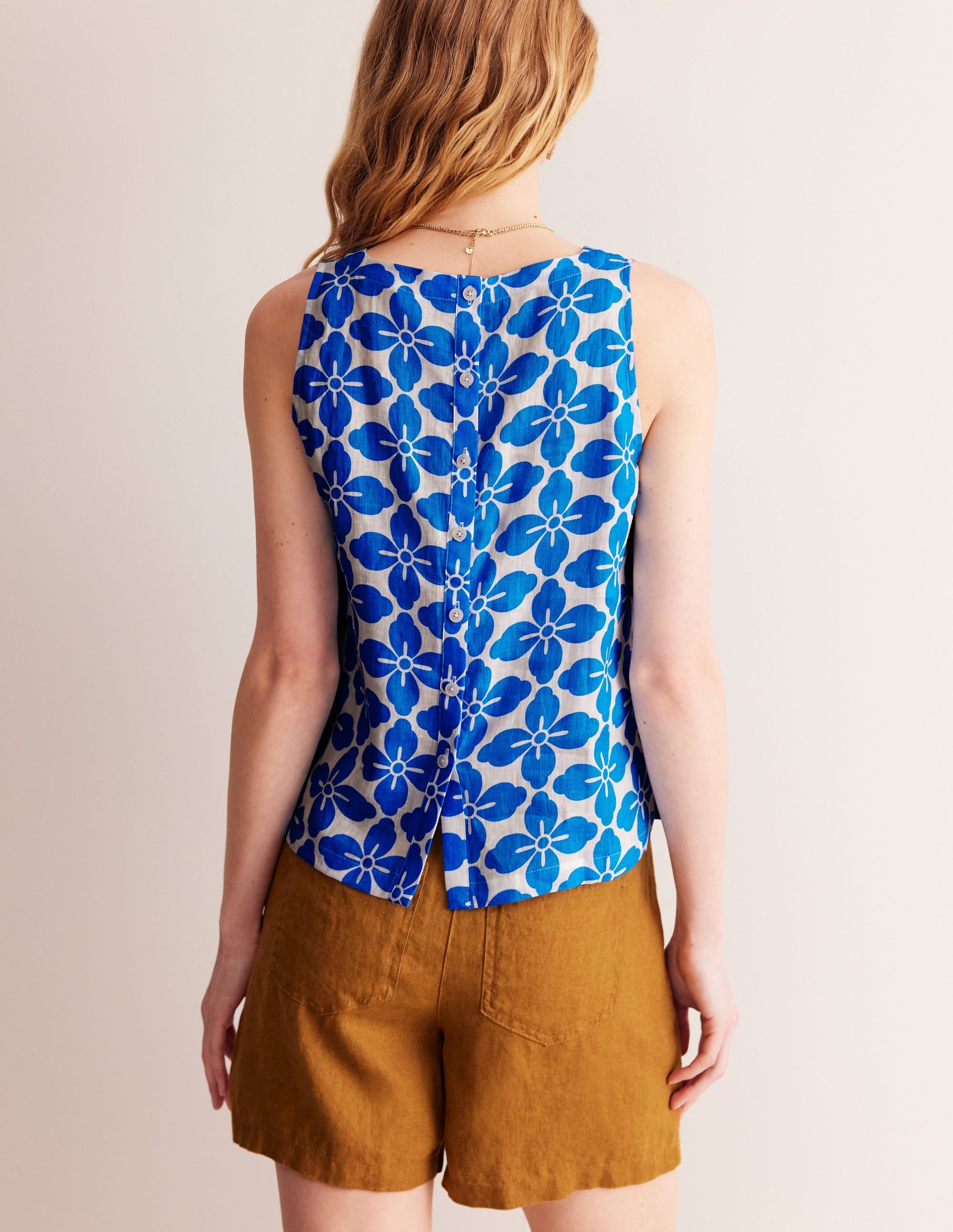 Linen Sleeveless Shell Top-Cerulean Blue, Floral Tile - Image 3