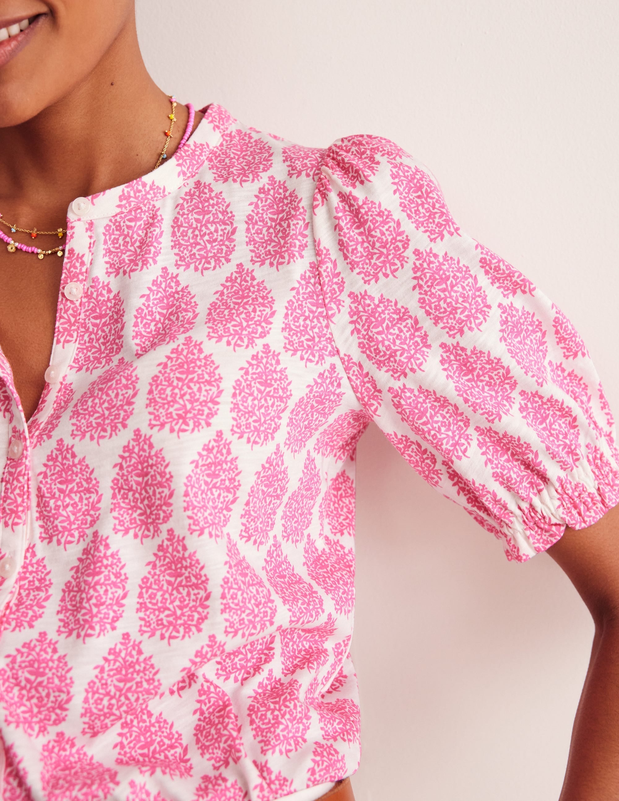 Dolly Puff Sleeve Jersey Shirt-Sangria Sunset, Floret Paisley - Image 2