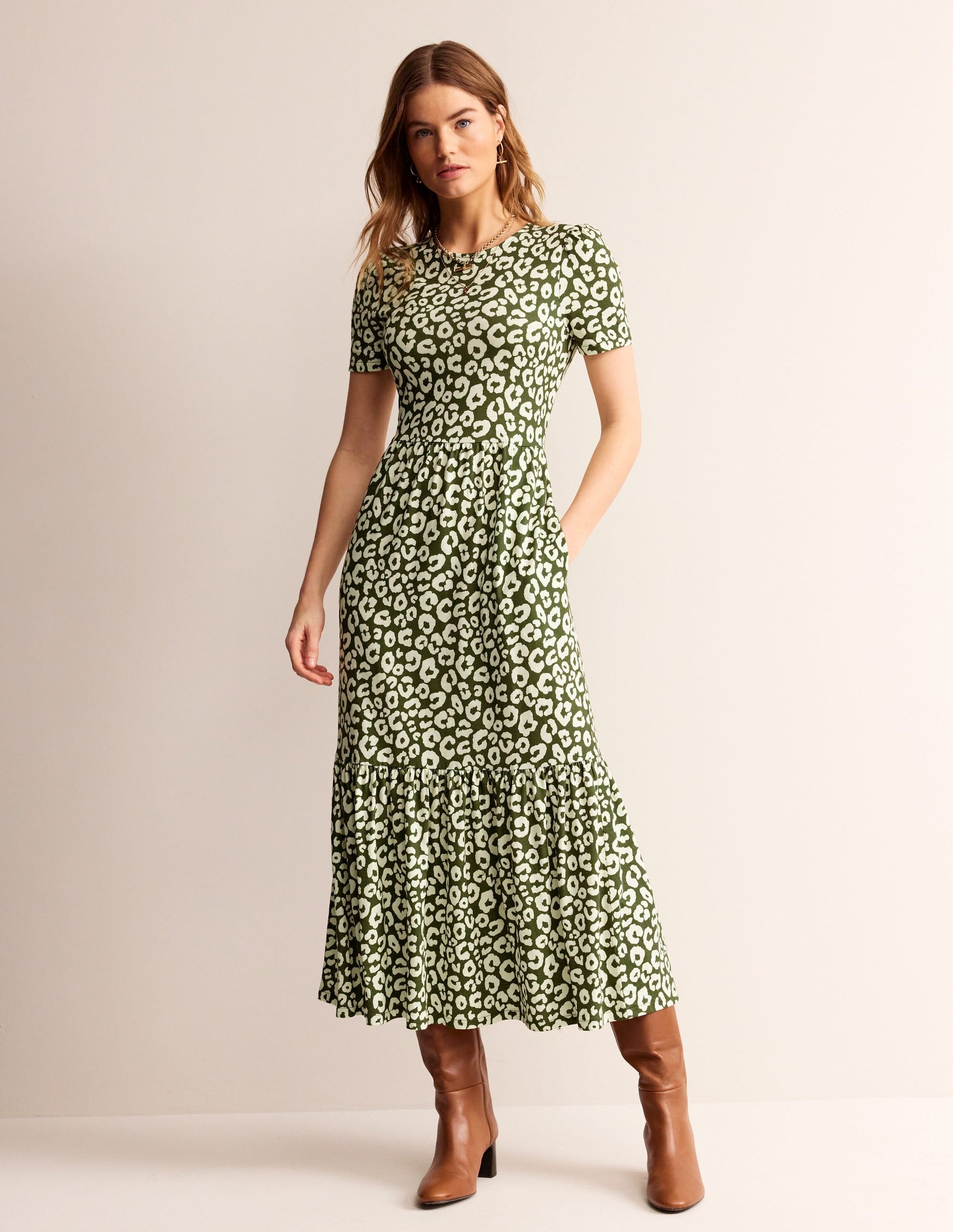 Emma Tiered Jersey Midi Dress-Moss, Animal Cheetah-1